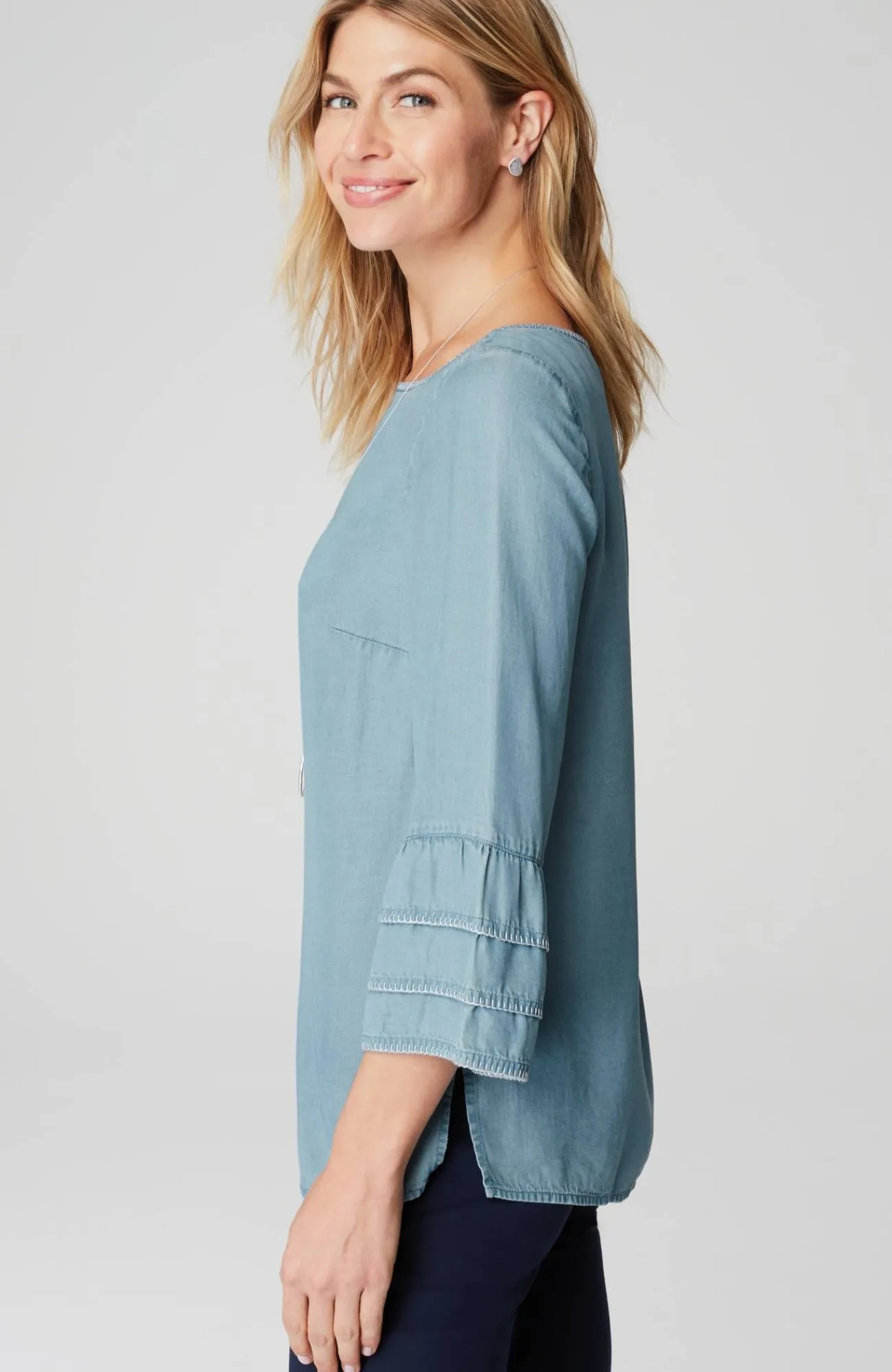 J.Jill Bell-Sleeve Boat-Neck Top Freshwater Wash New