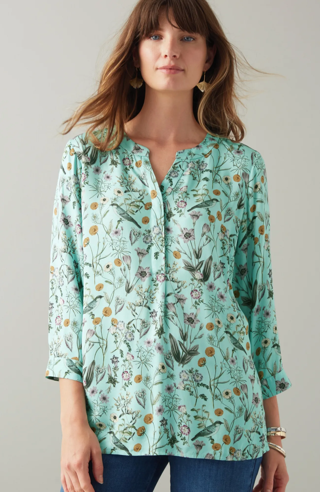 J.Jill Botanical Birds Printed Satin Top Celadon Botanical Garden Best Sale