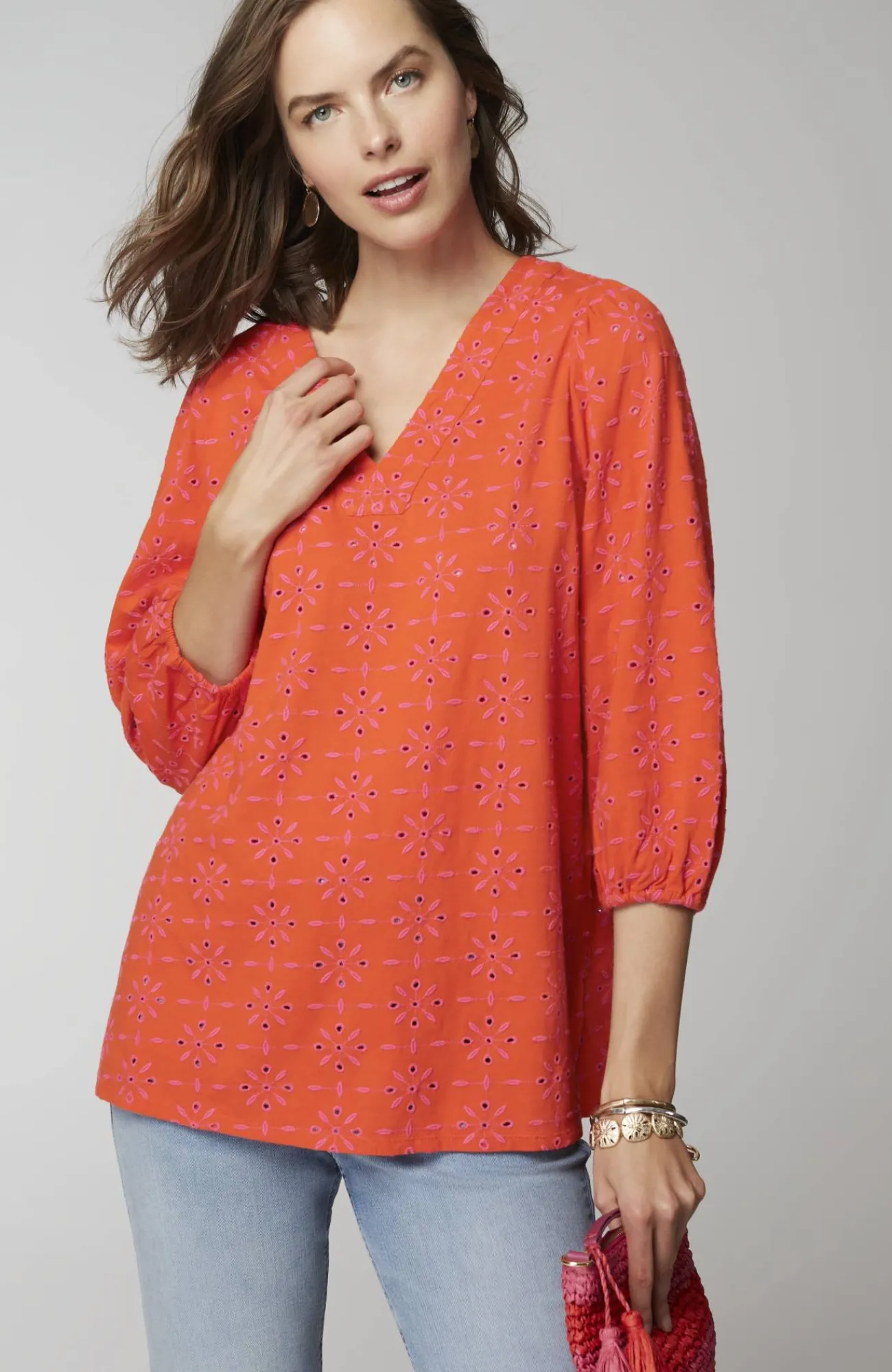 J.Jill Contrasting-Eyelet Tunic Orange Peel/fuchsia Fashion