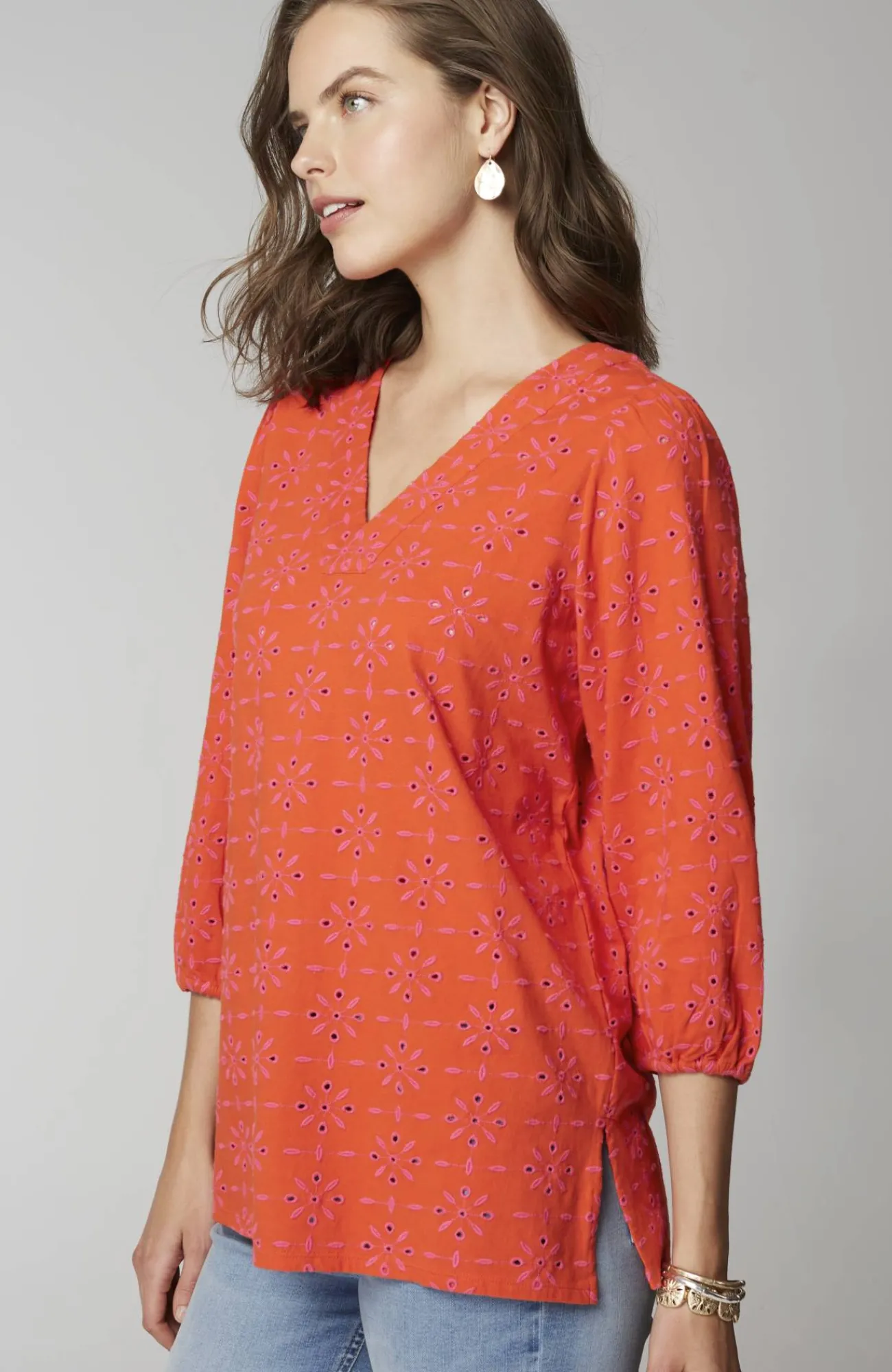 J.Jill Contrasting-Eyelet Tunic Orange Peel/fuchsia Fashion