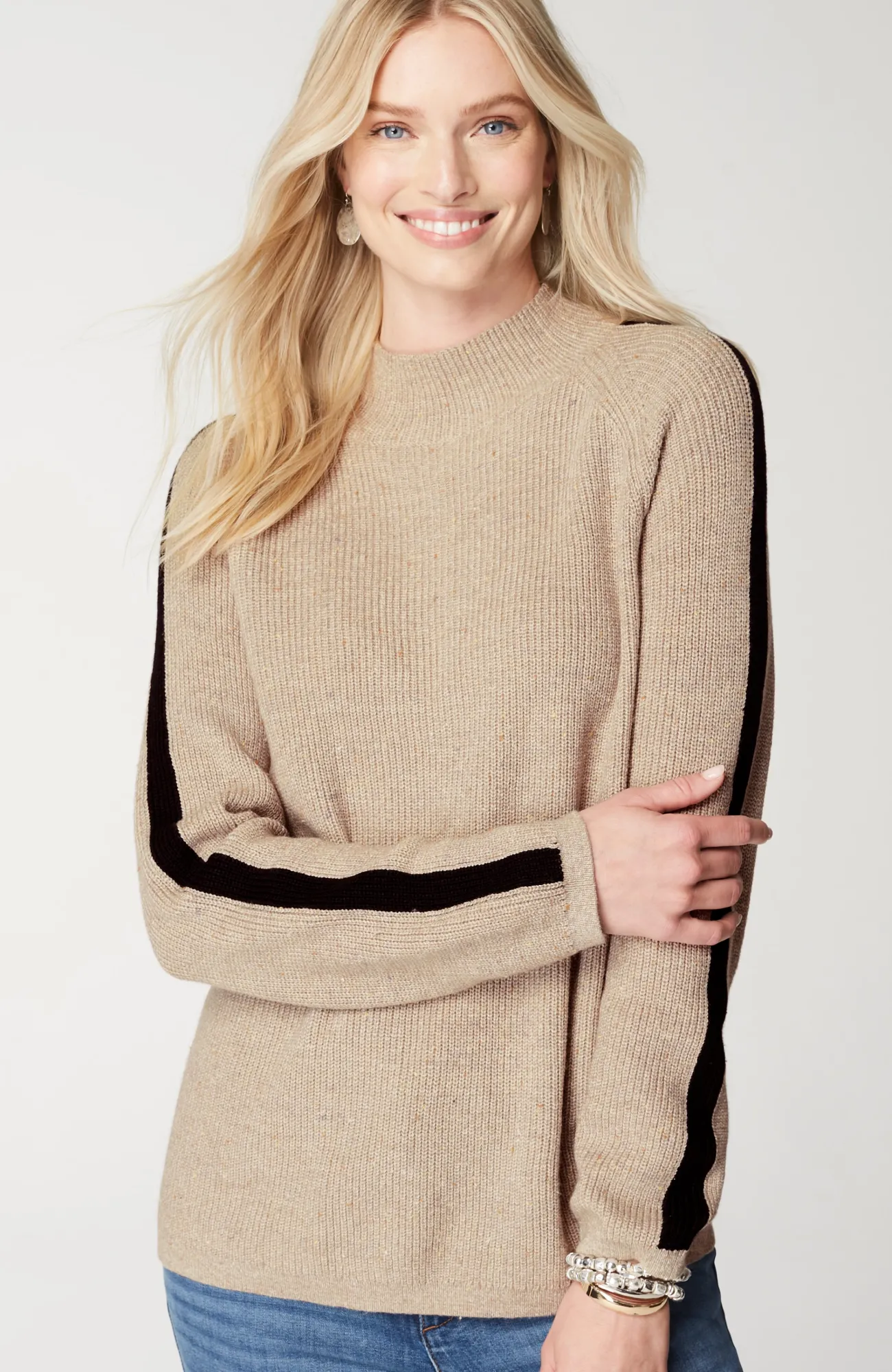 J.Jill Contrasting-Stripe Ribbed Sweater Porcini Heather/black Best