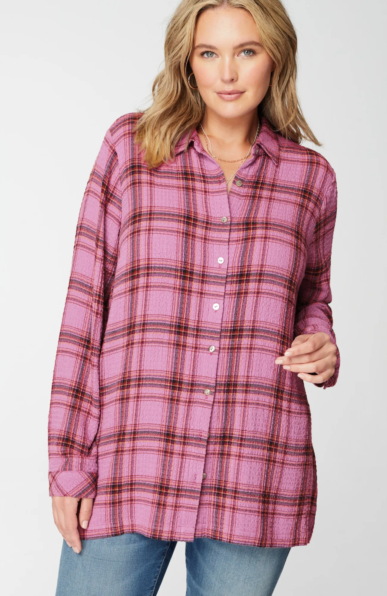 J.Jill Crinkled Plaid Button-Front Tunic Outlet