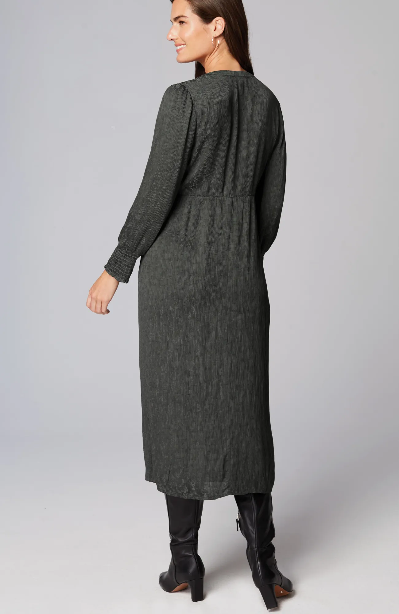 J.Jill Crinkle-Textured Smocked-Sleeve Dress Oxford Grey Flash Sale
