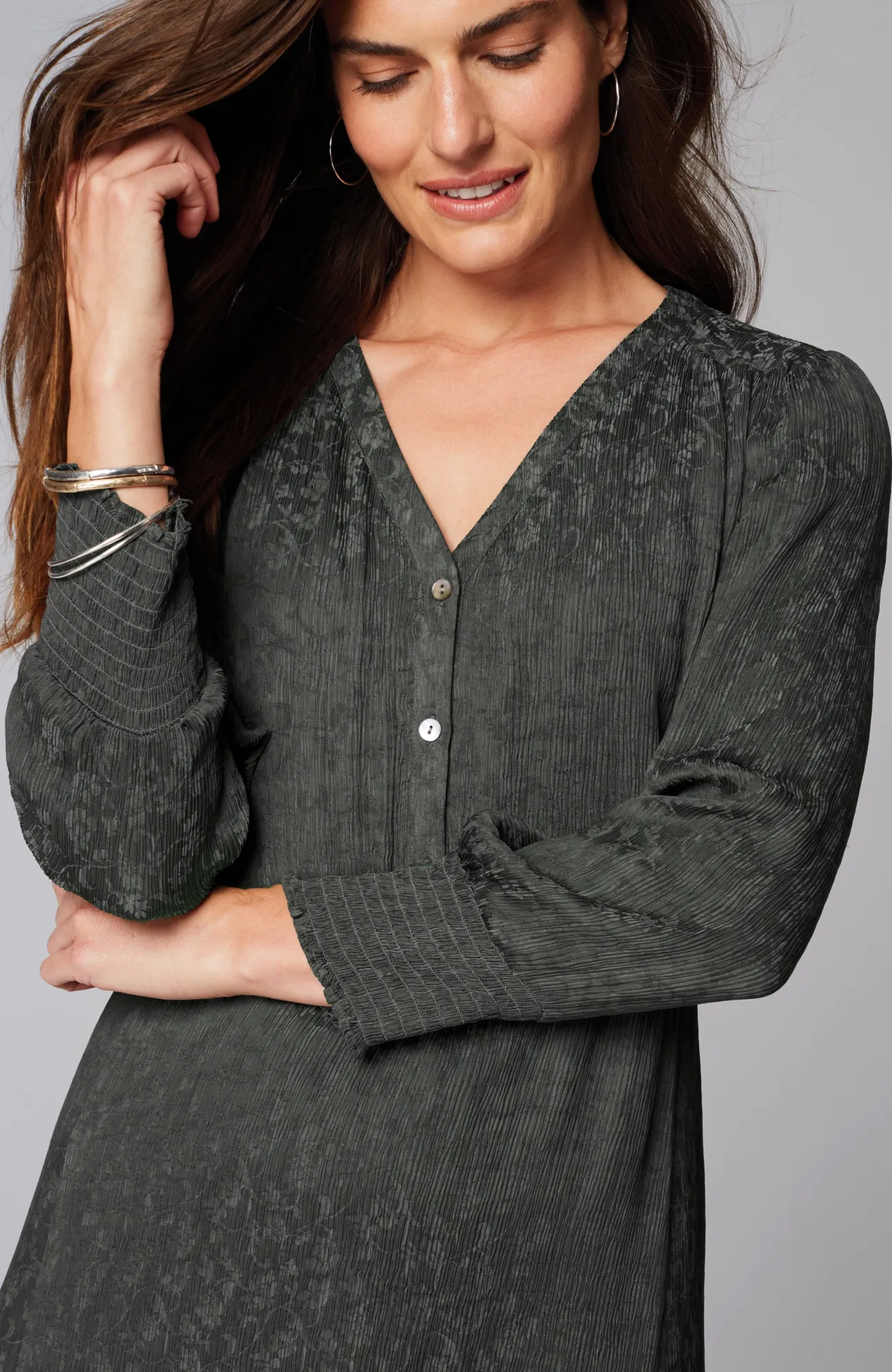J.Jill Crinkle-Textured Smocked-Sleeve Dress Oxford Grey Flash Sale
