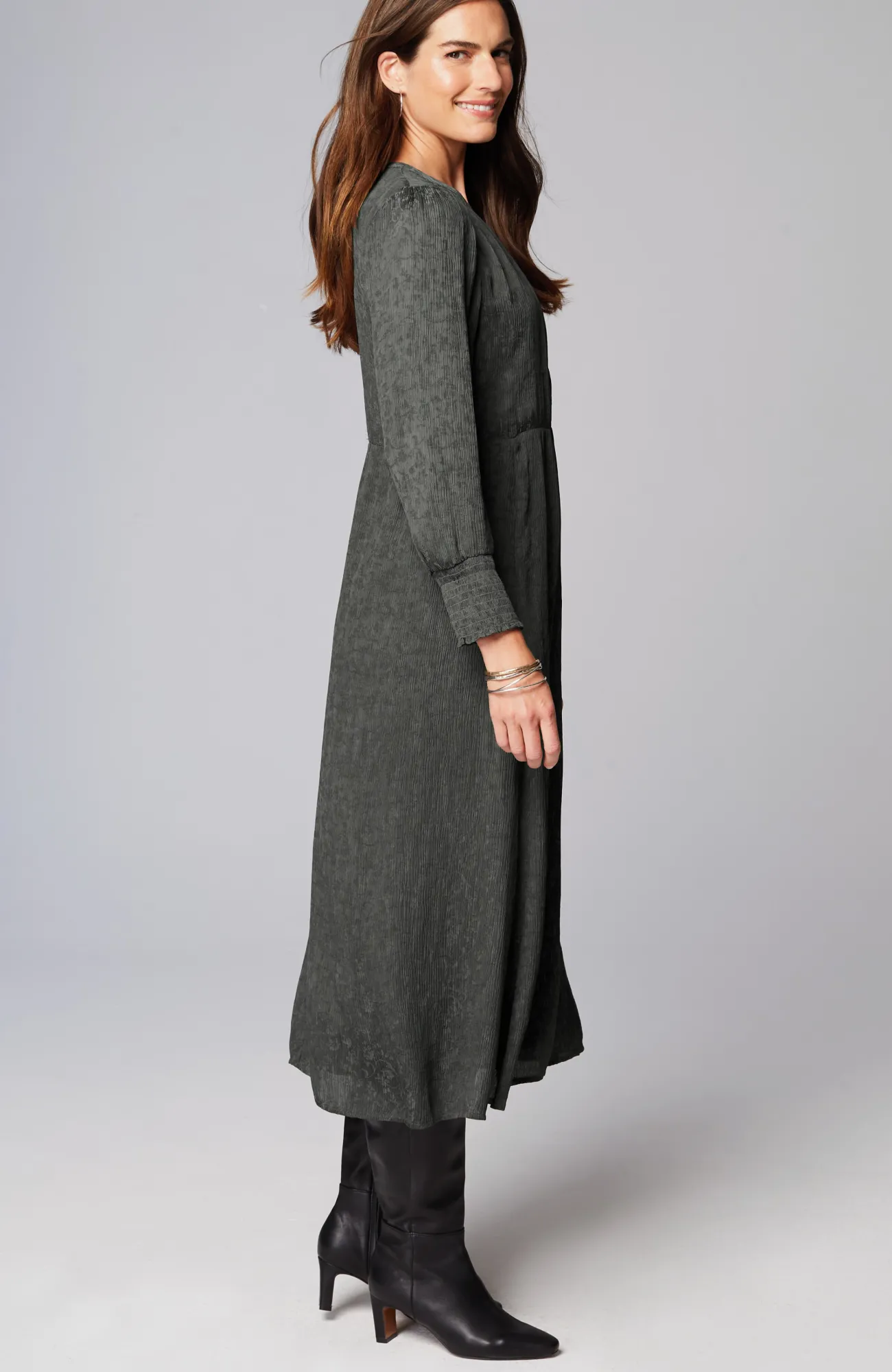J.Jill Crinkle-Textured Smocked-Sleeve Dress Oxford Grey Flash Sale