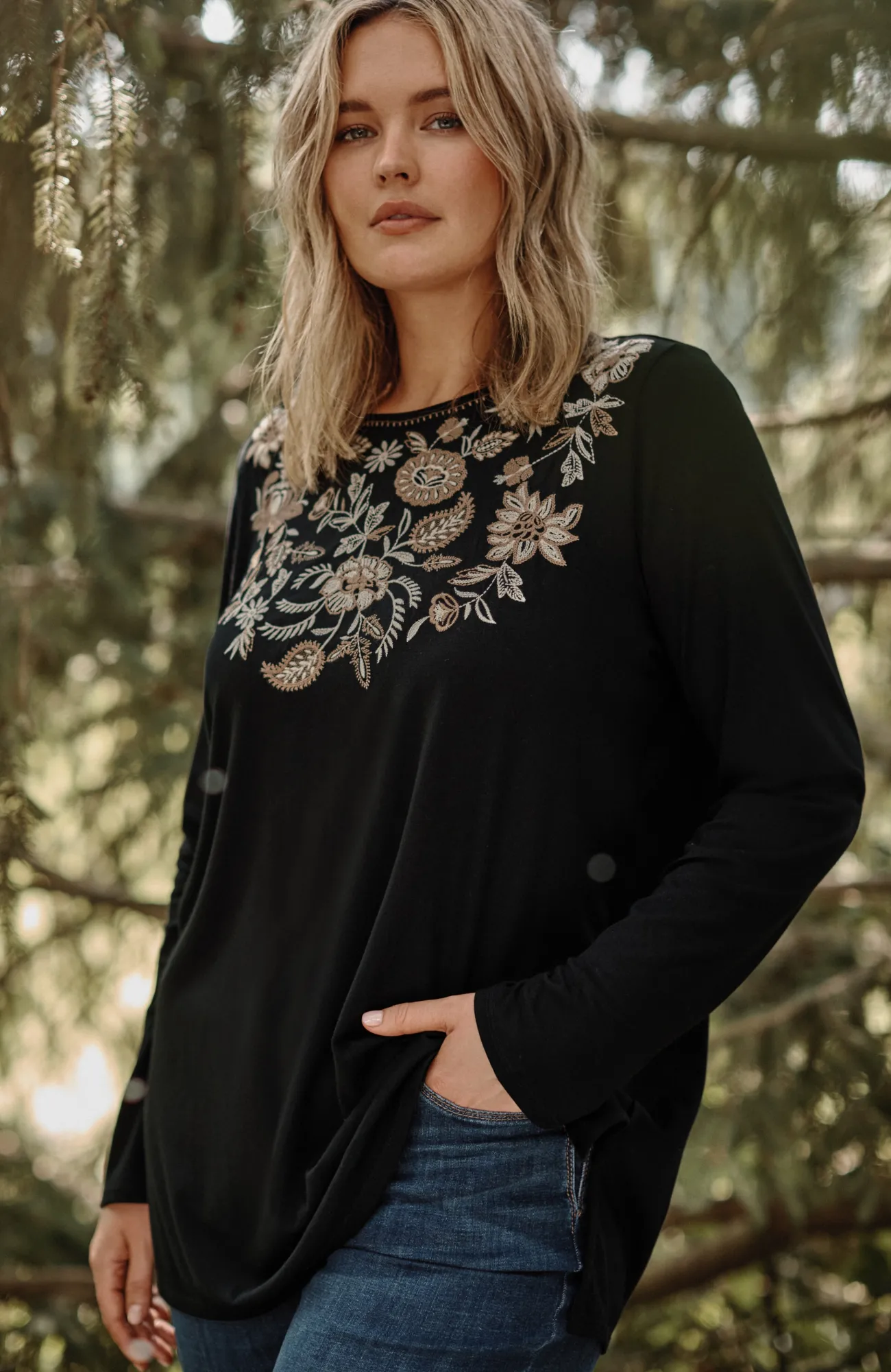 J.Jill Embroidered Pleat-Back Tunic Black Multi Discount