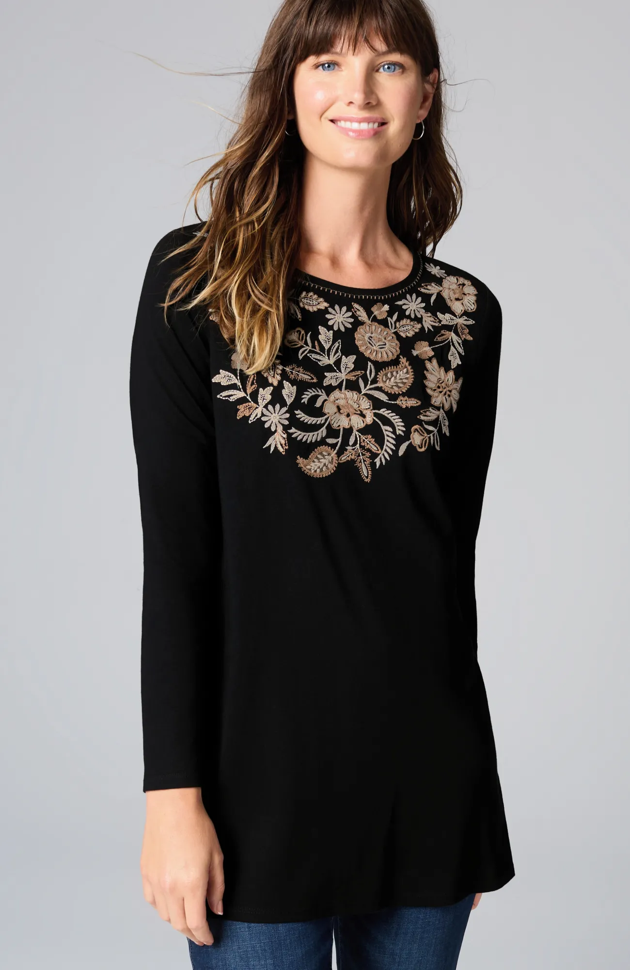 J.Jill Embroidered Pleat-Back Tunic Black Multi Discount