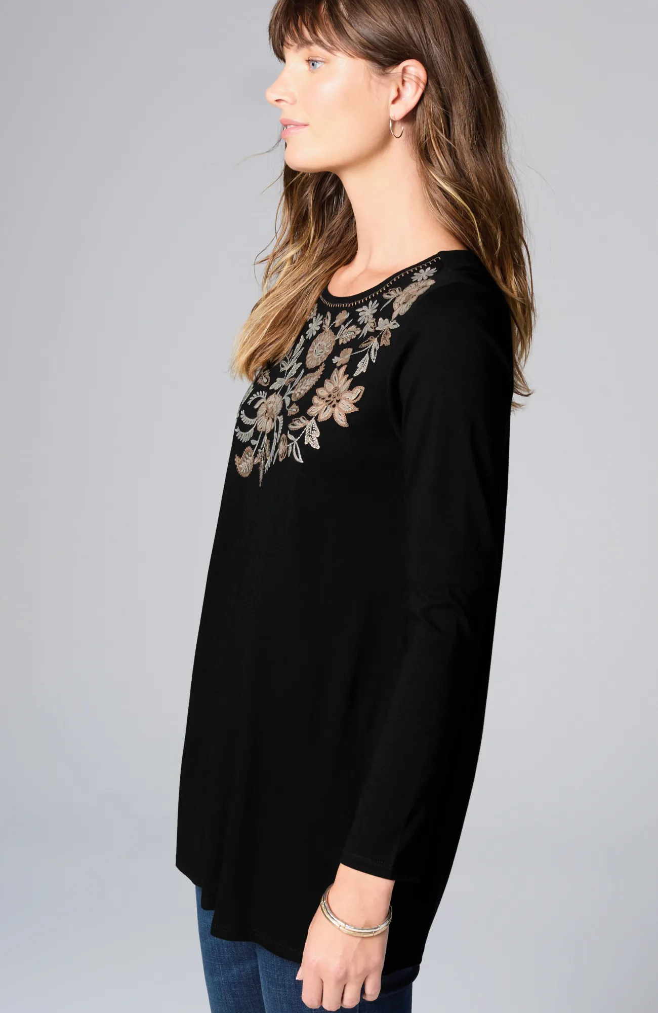 J.Jill Embroidered Pleat-Back Tunic Black Multi Discount