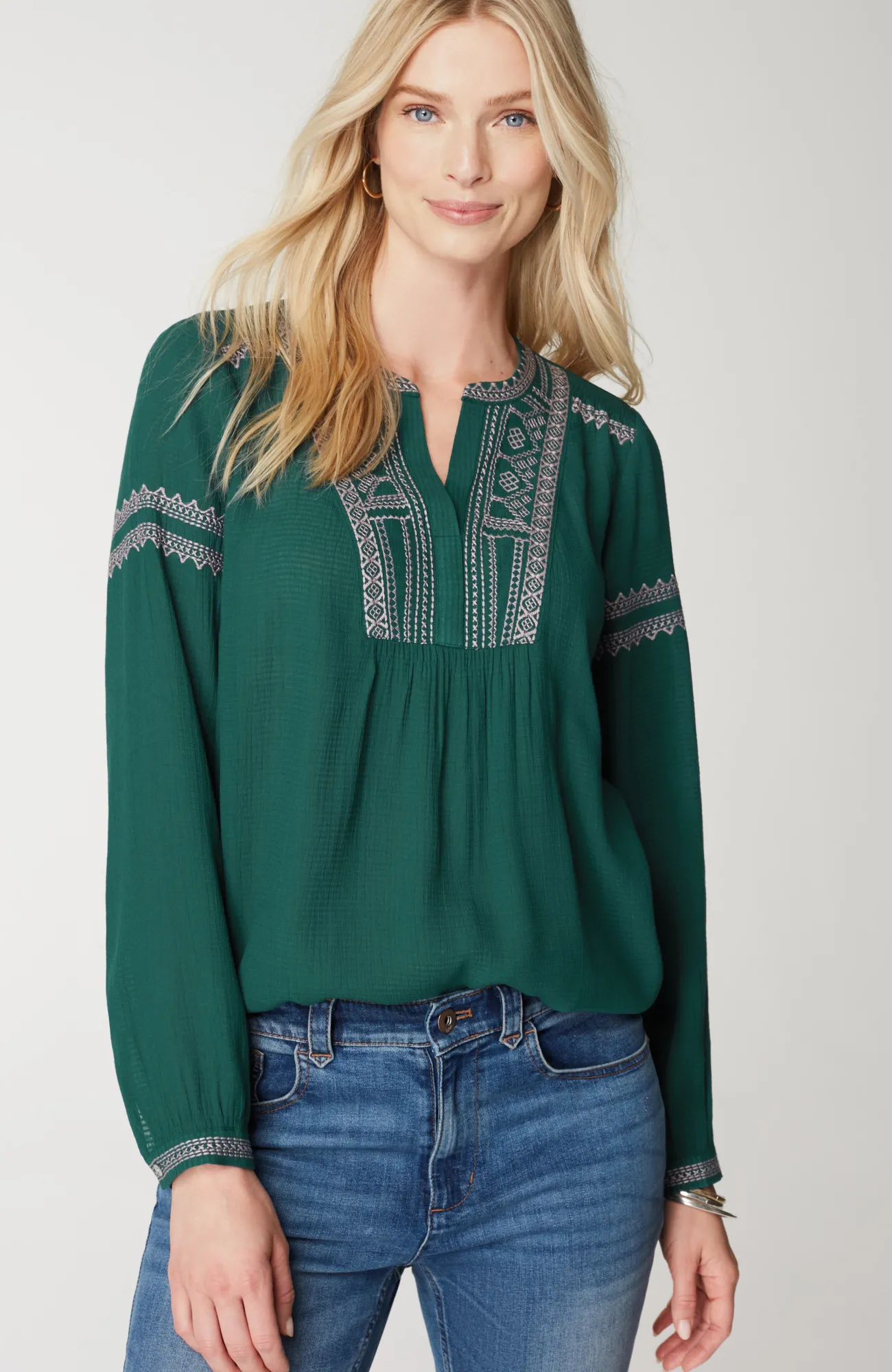 J.Jill Embroidered Pullover Textured Top North Sea Multi Hot