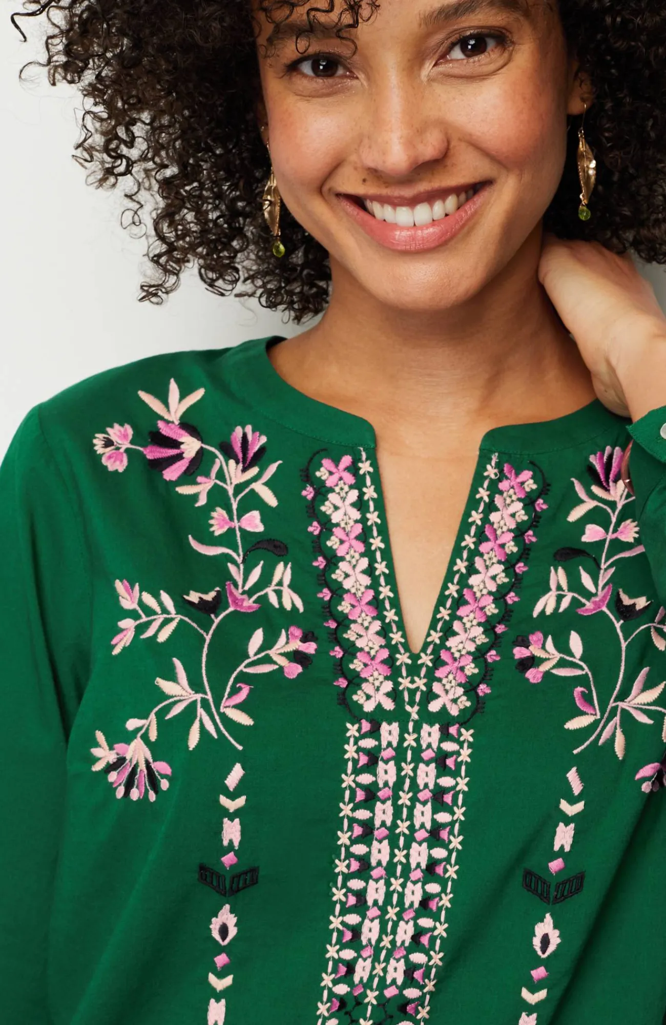 J.Jill Embroidered Split-Neck Tunic Green Meadow Multi Fashion