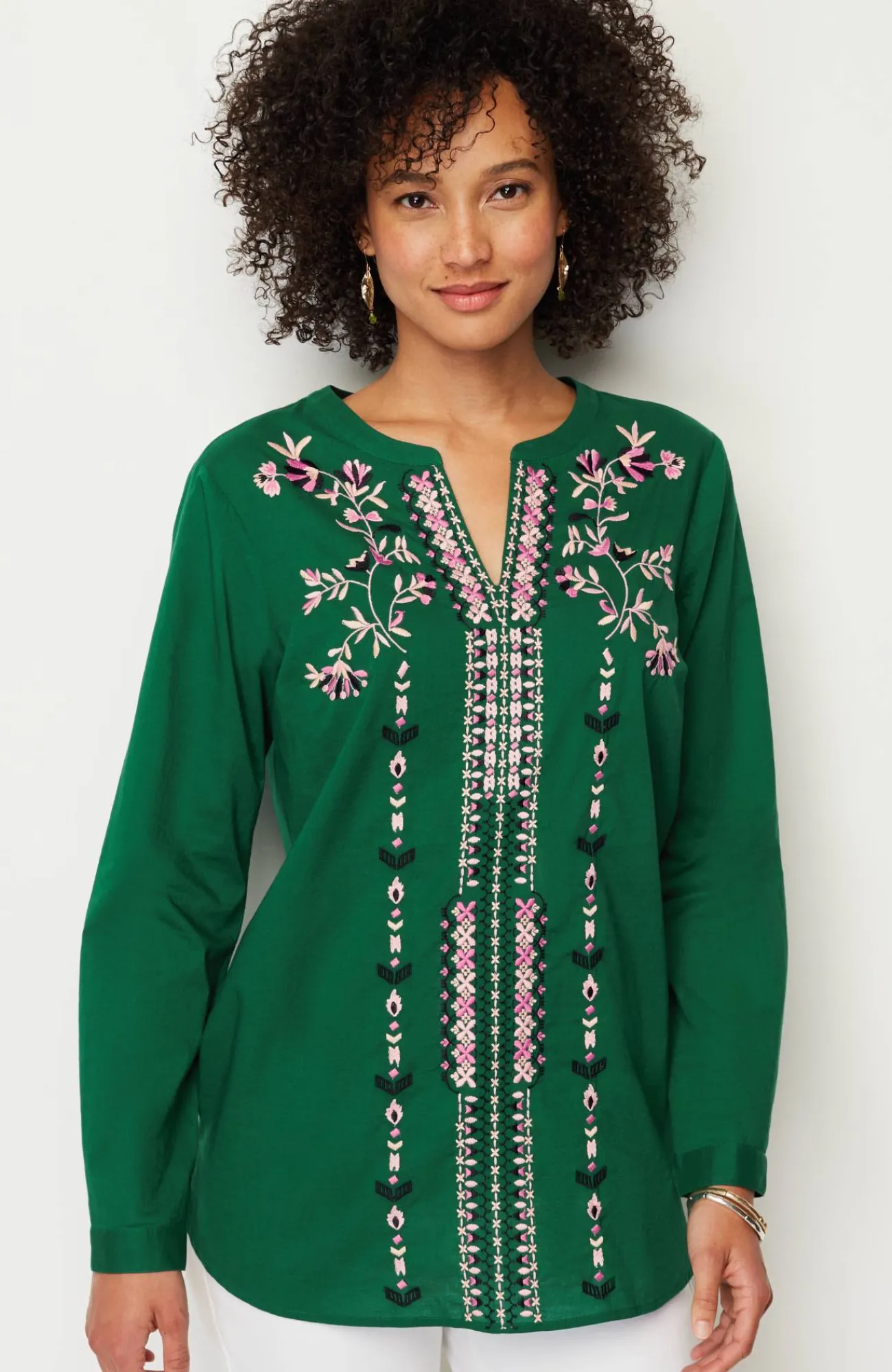 J.Jill Embroidered Split-Neck Tunic Green Meadow Multi Fashion