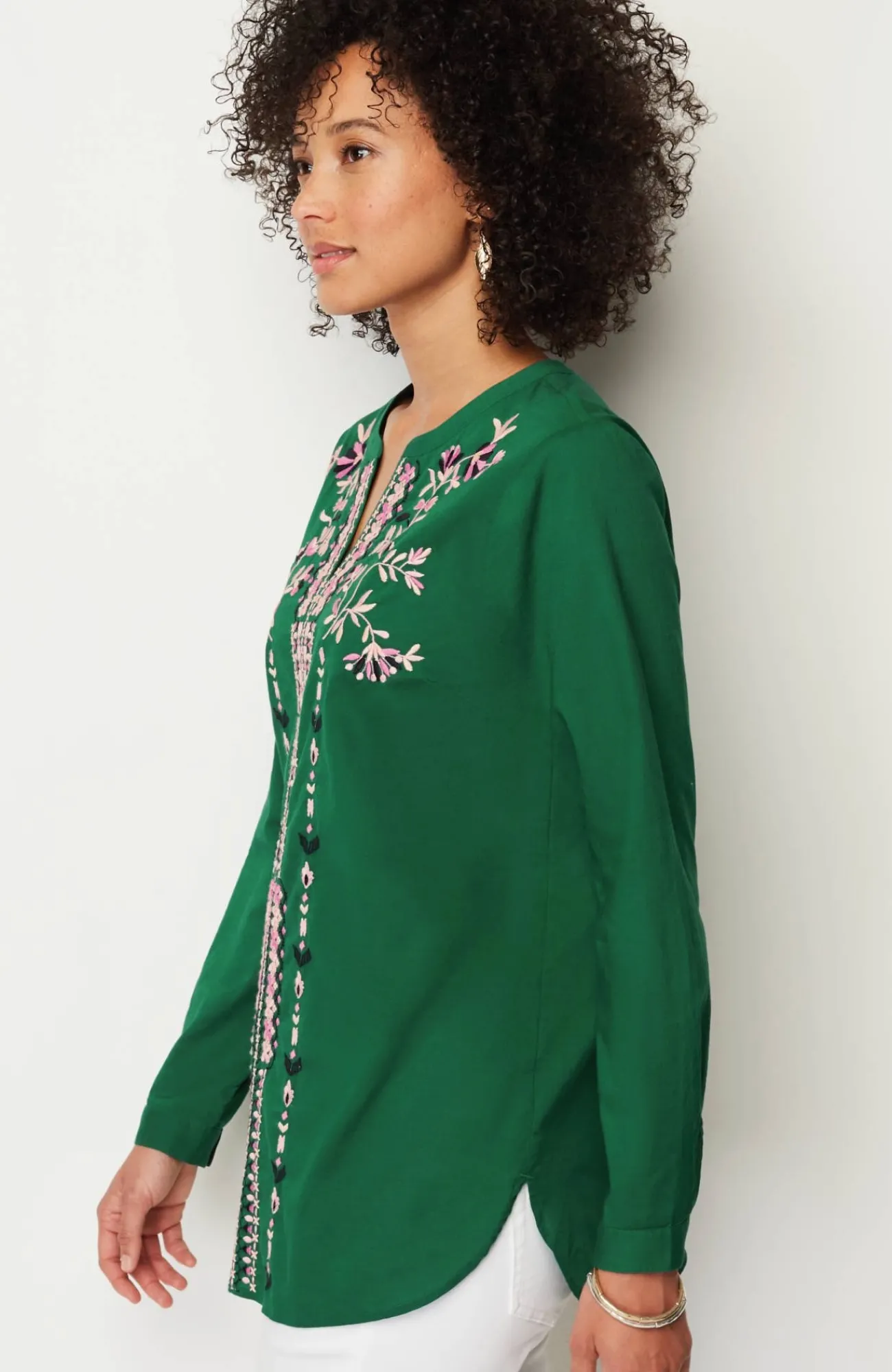 J.Jill Embroidered Split-Neck Tunic Green Meadow Multi Fashion