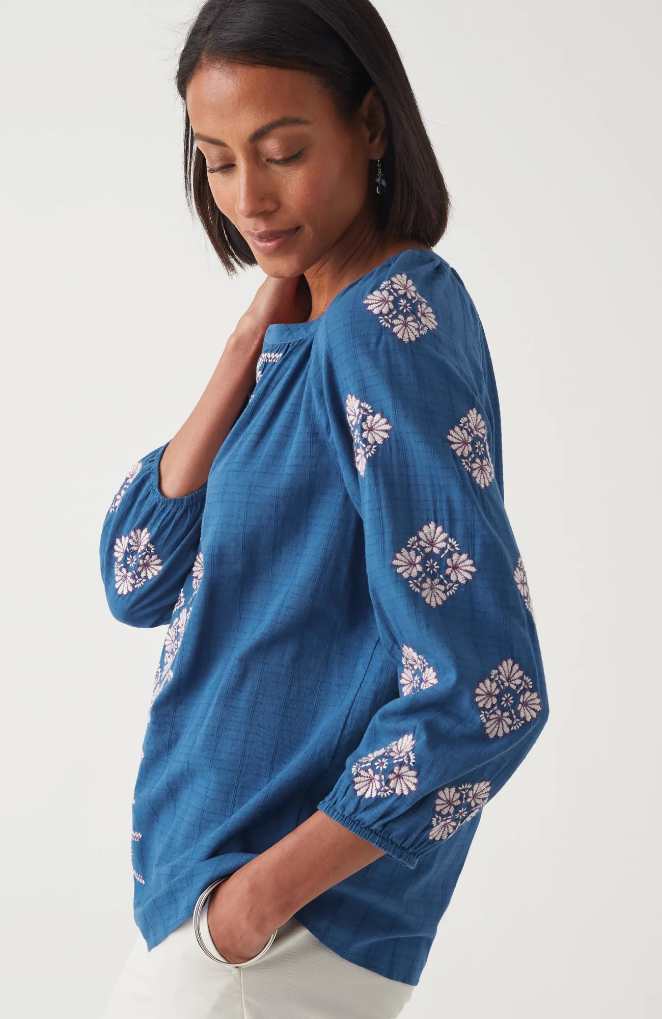 J.Jill Embroidered Textured-Cotton Top Coastline Multi Sale