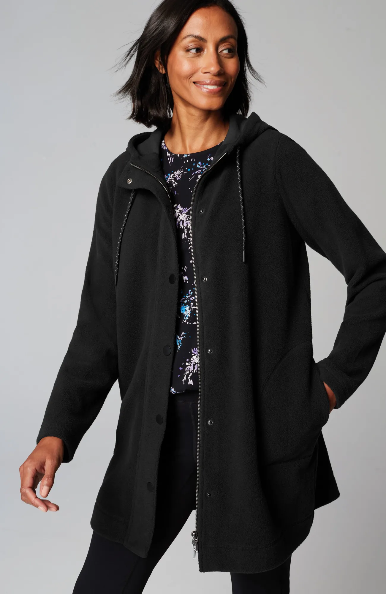 J.Jill Fit Fleece Snap-Front Hooded Jacket Black Shop