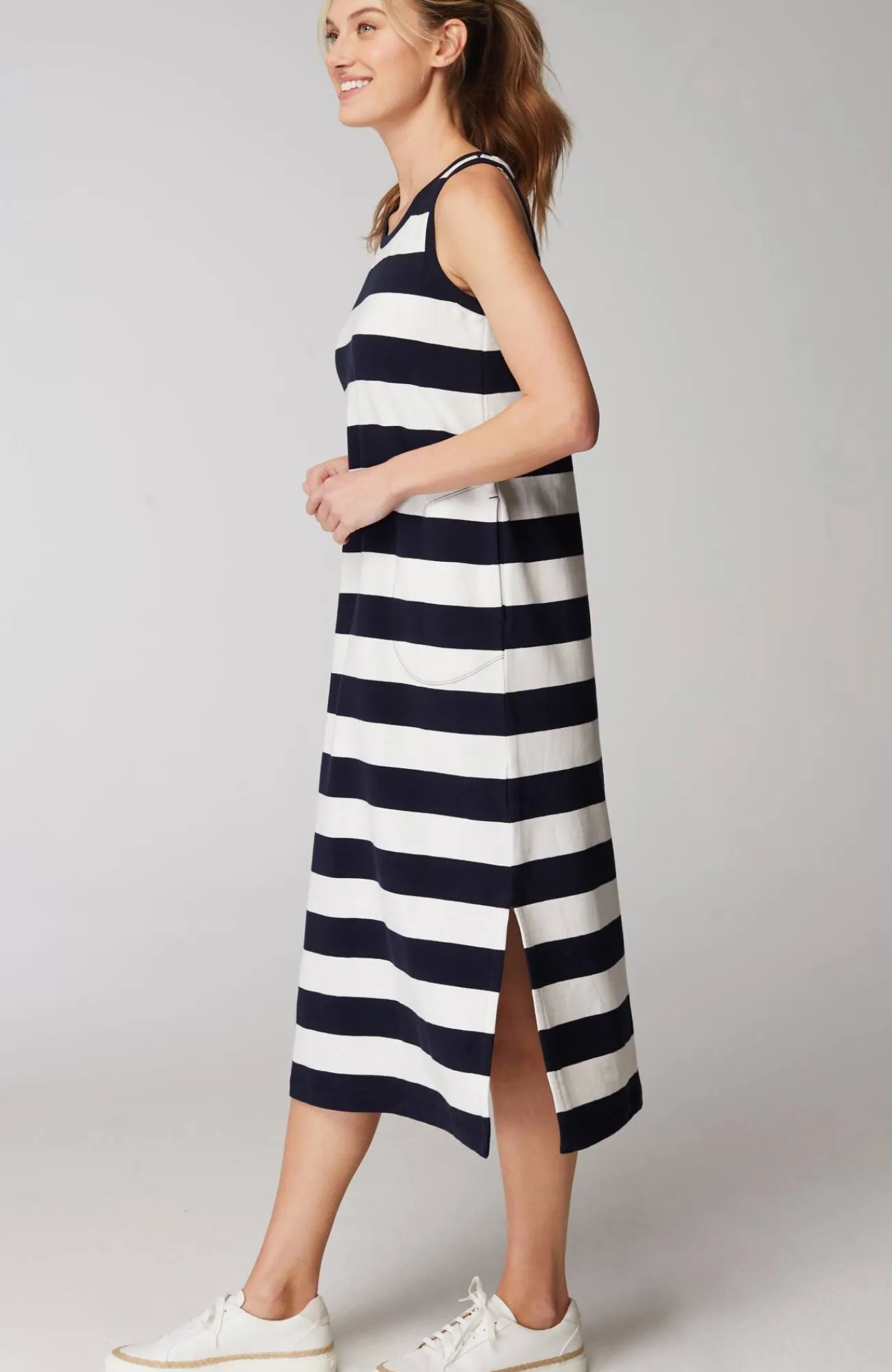 J.Jill Fit French Terry Midi Dress Navy Blue/cream Hot