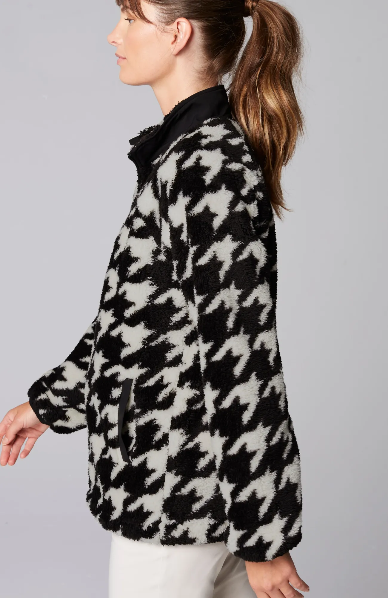 J.Jill Fit Plush Sherpa Jacket Black Giant Houndstooth Sale