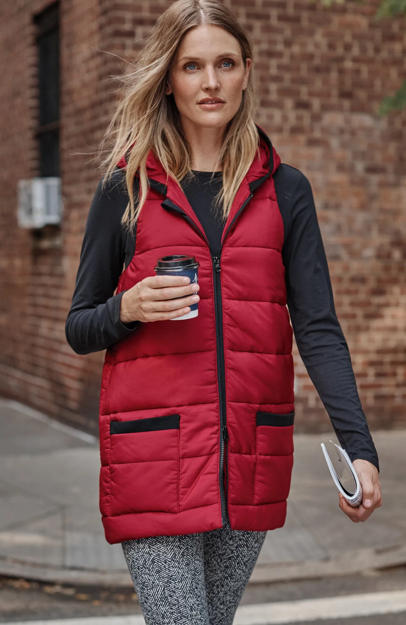 J.Jill Fit Rib-Trimmed Hooded Puffer Vest Scarlet Flash Sale