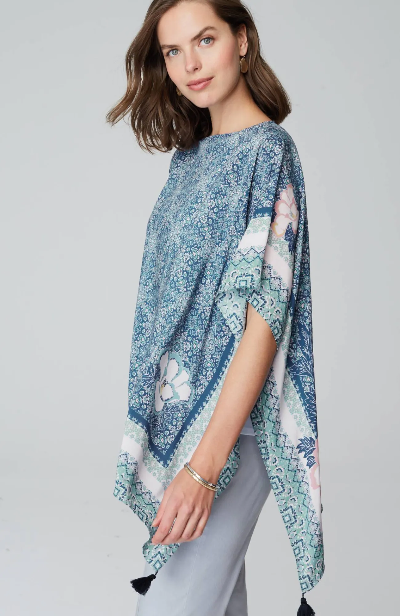 J.Jill Floral Medallion Poncho Deep Sea Multi Sale