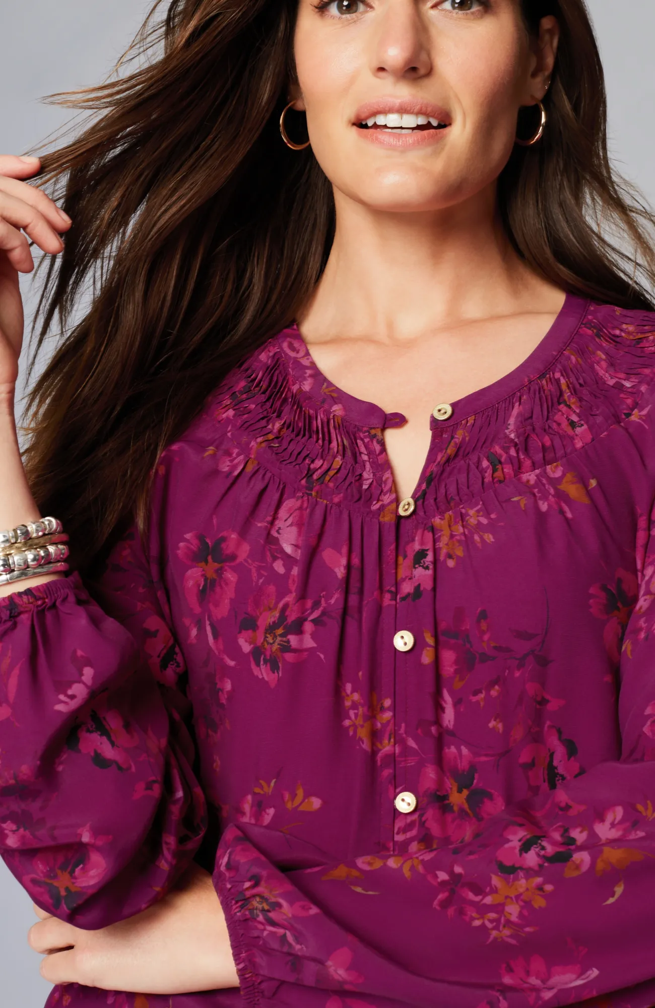 J.Jill Floral Pleated-Neck Top Light Rum Raisin Luminous Floral Outlet