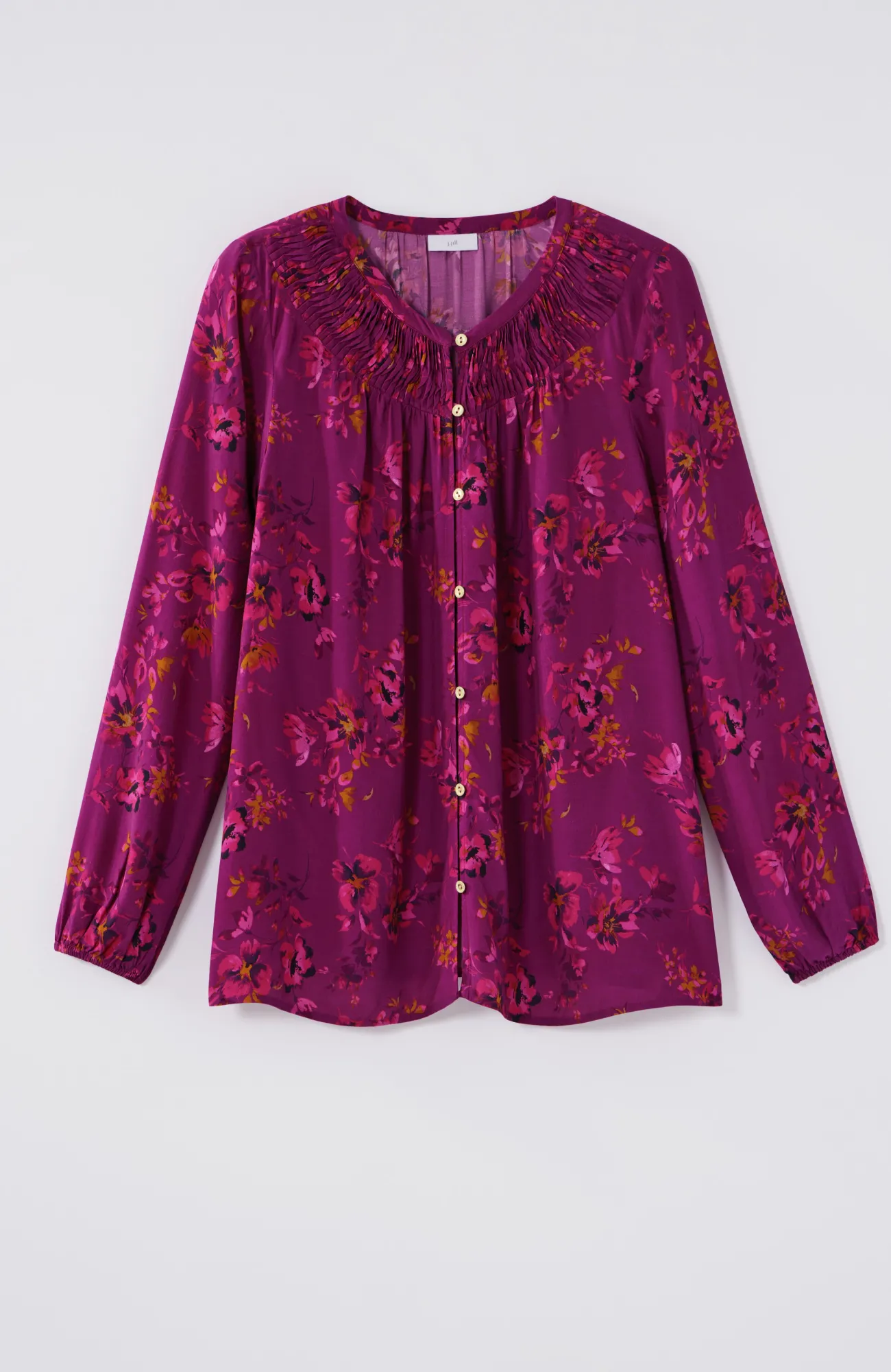 J.Jill Floral Pleated-Neck Top Light Rum Raisin Luminous Floral Outlet