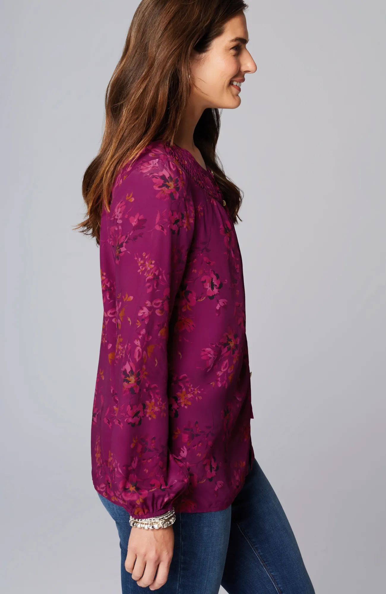 J.Jill Floral Pleated-Neck Top Light Rum Raisin Luminous Floral Outlet