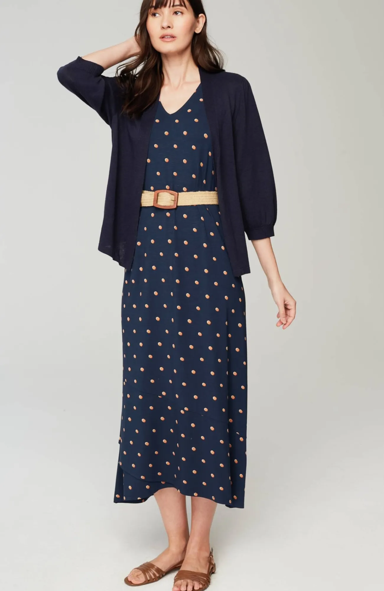 J.Jill Flounced-Hem Midi Dress Navy Blue Button Dot Cheap