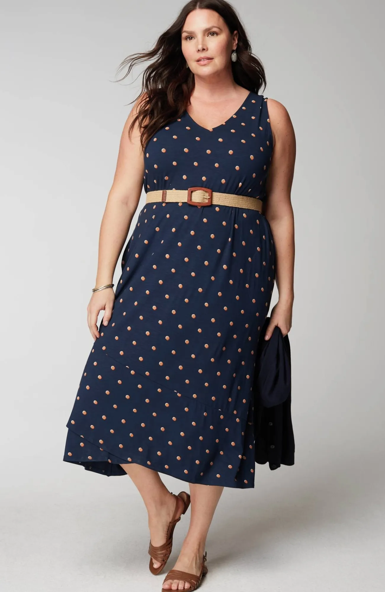 J.Jill Flounced-Hem Midi Dress Navy Blue Button Dot Cheap
