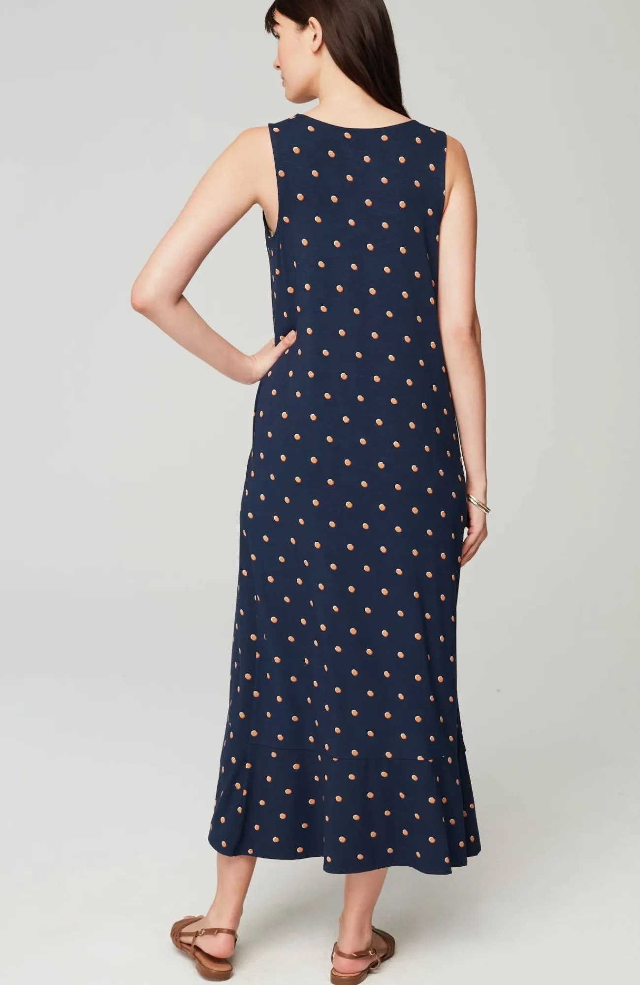 J.Jill Flounced-Hem Midi Dress Navy Blue Button Dot Cheap