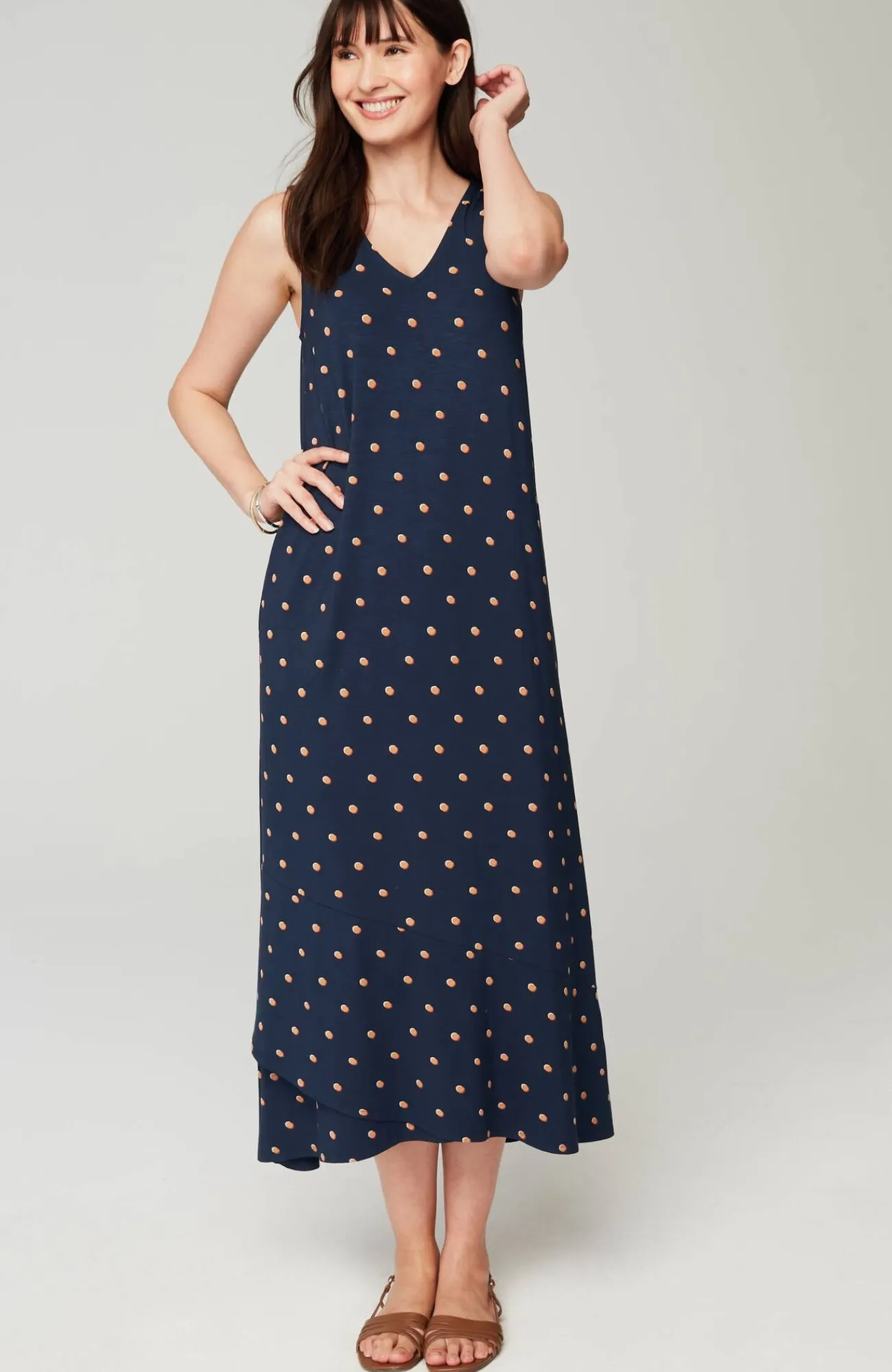 J.Jill Flounced-Hem Midi Dress Navy Blue Button Dot Cheap