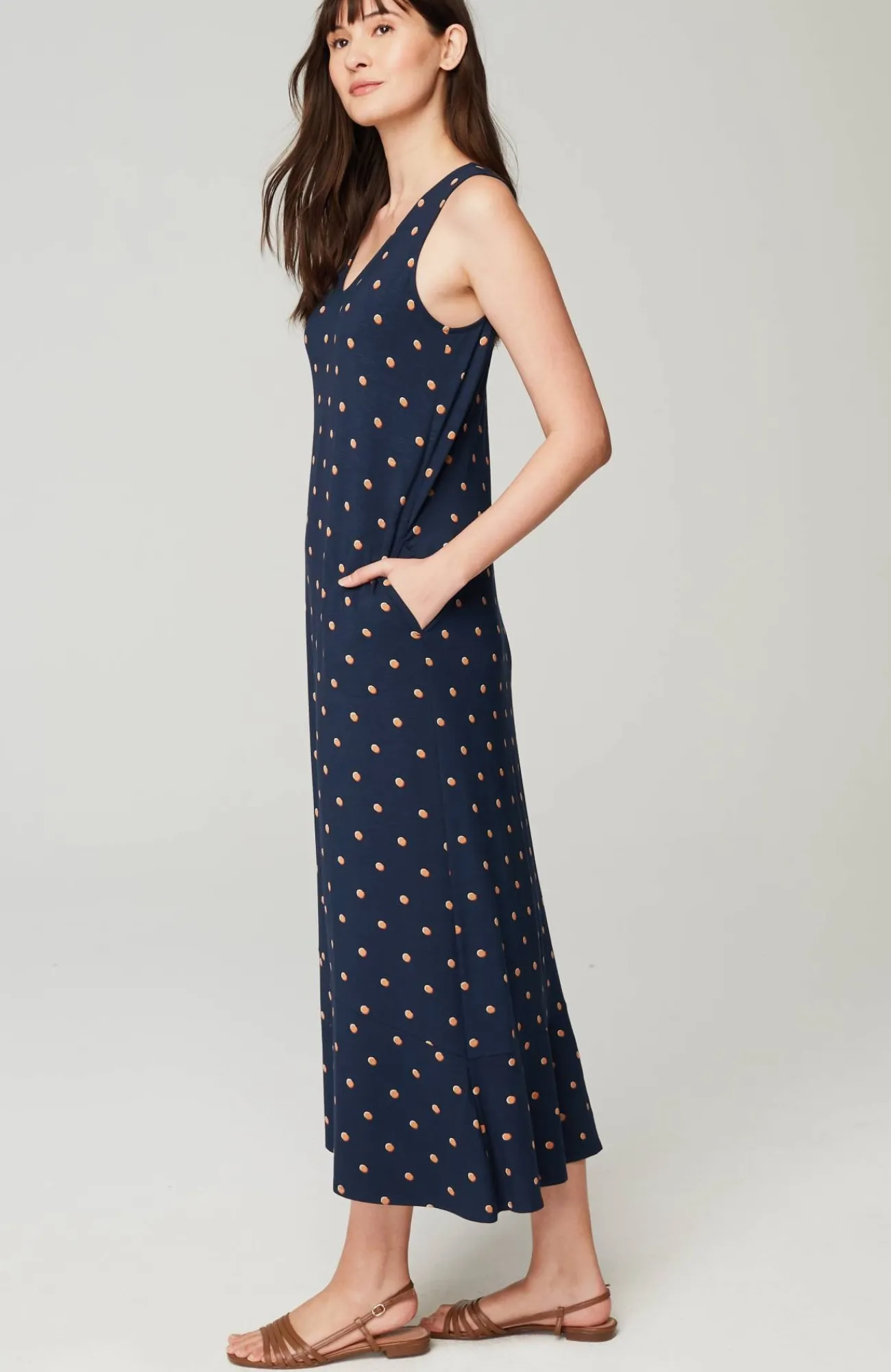 J.Jill Flounced-Hem Midi Dress Navy Blue Button Dot Cheap