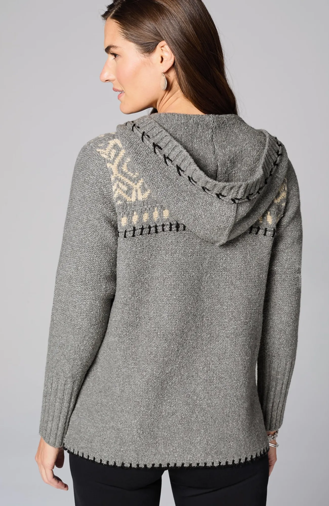 J.Jill Hand-Embroidered Hooded Cardi Dark Grey Heather/oatmeal Best