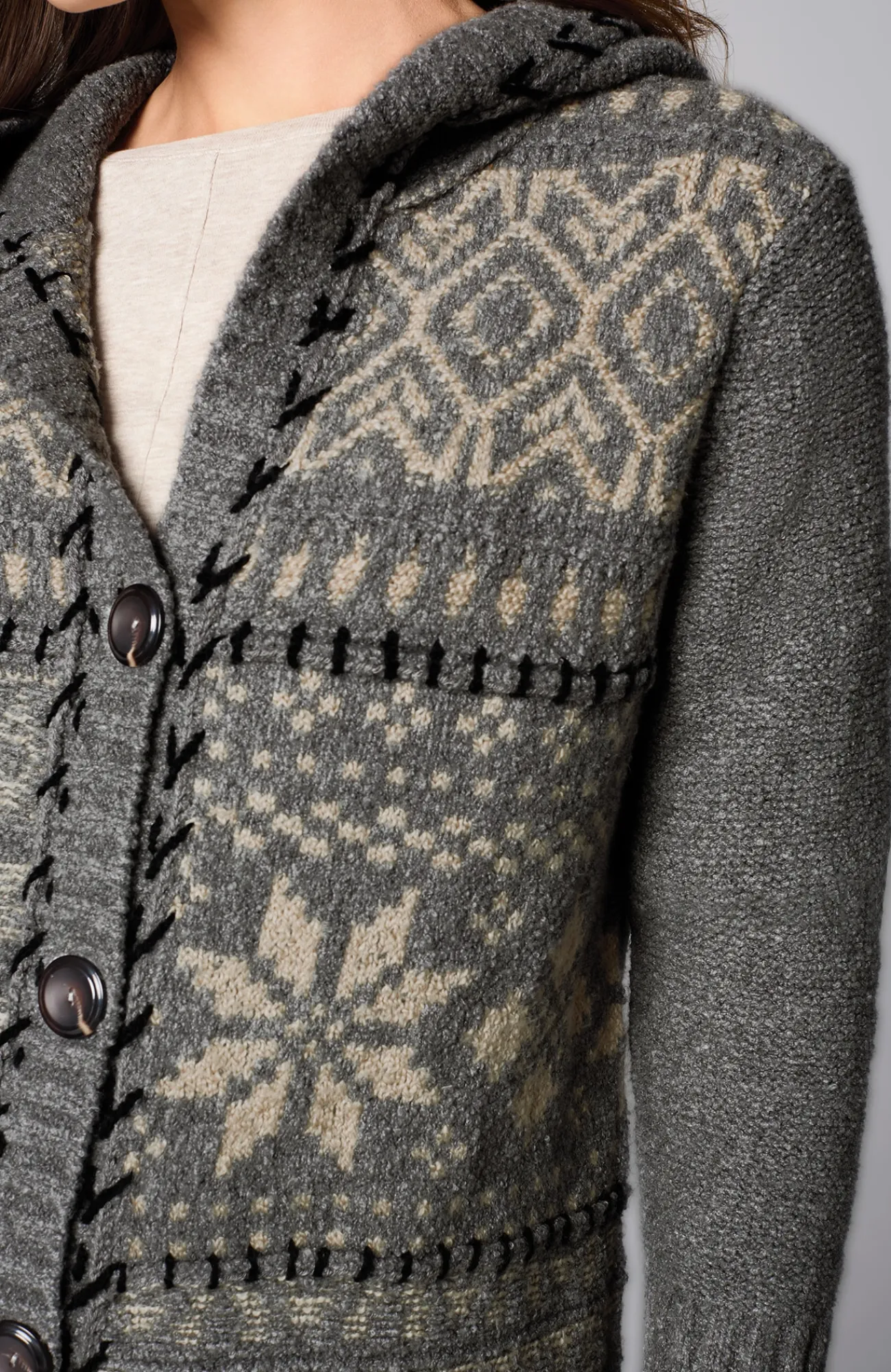 J.Jill Hand-Embroidered Hooded Cardi Dark Grey Heather/oatmeal Best