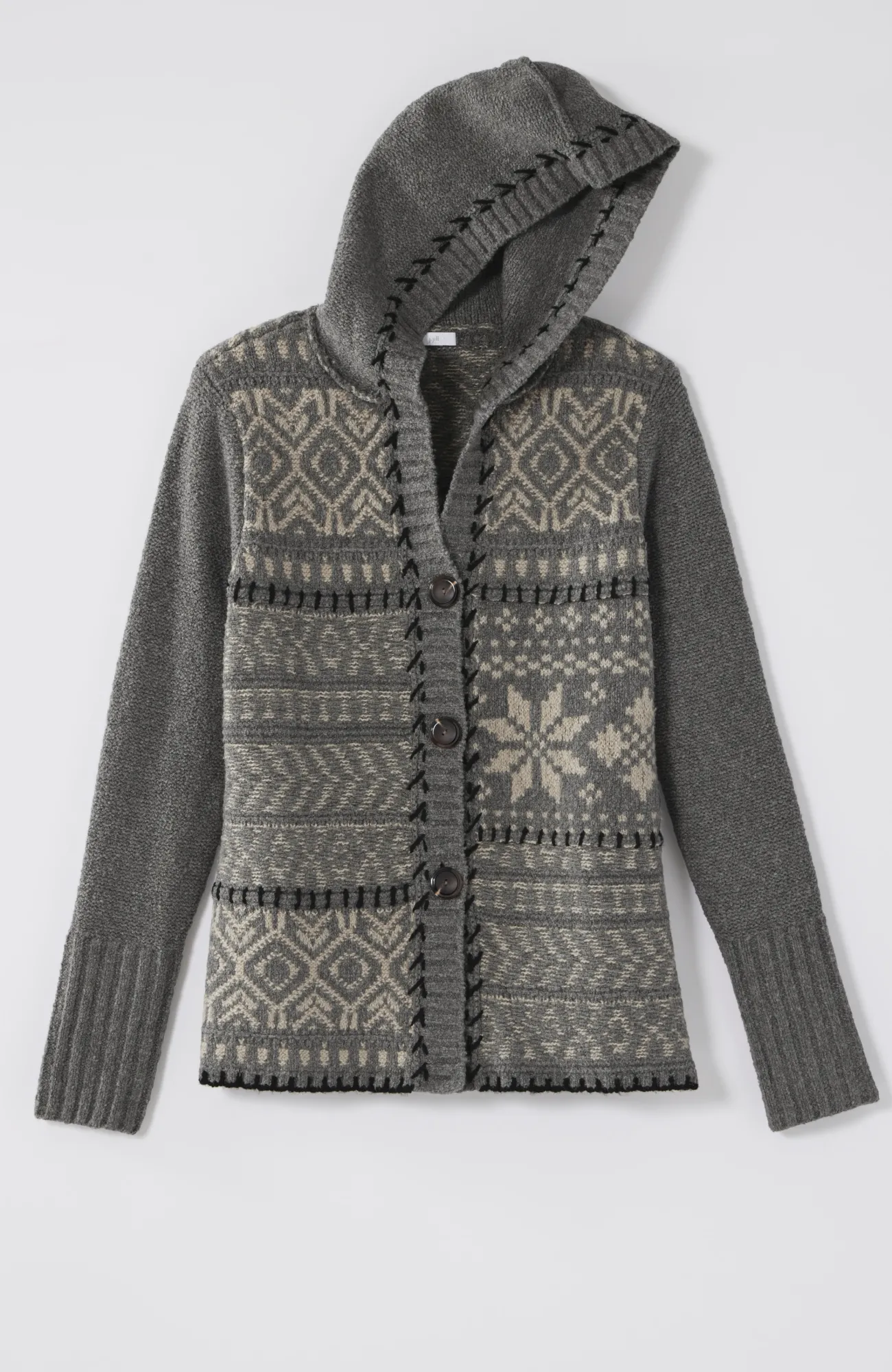 J.Jill Hand-Embroidered Hooded Cardi Dark Grey Heather/oatmeal Best