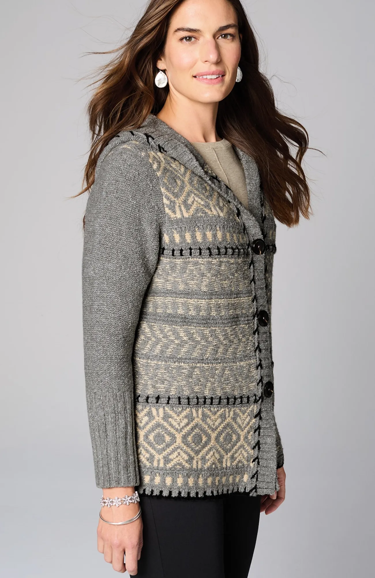 J.Jill Hand-Embroidered Hooded Cardi Dark Grey Heather/oatmeal Best