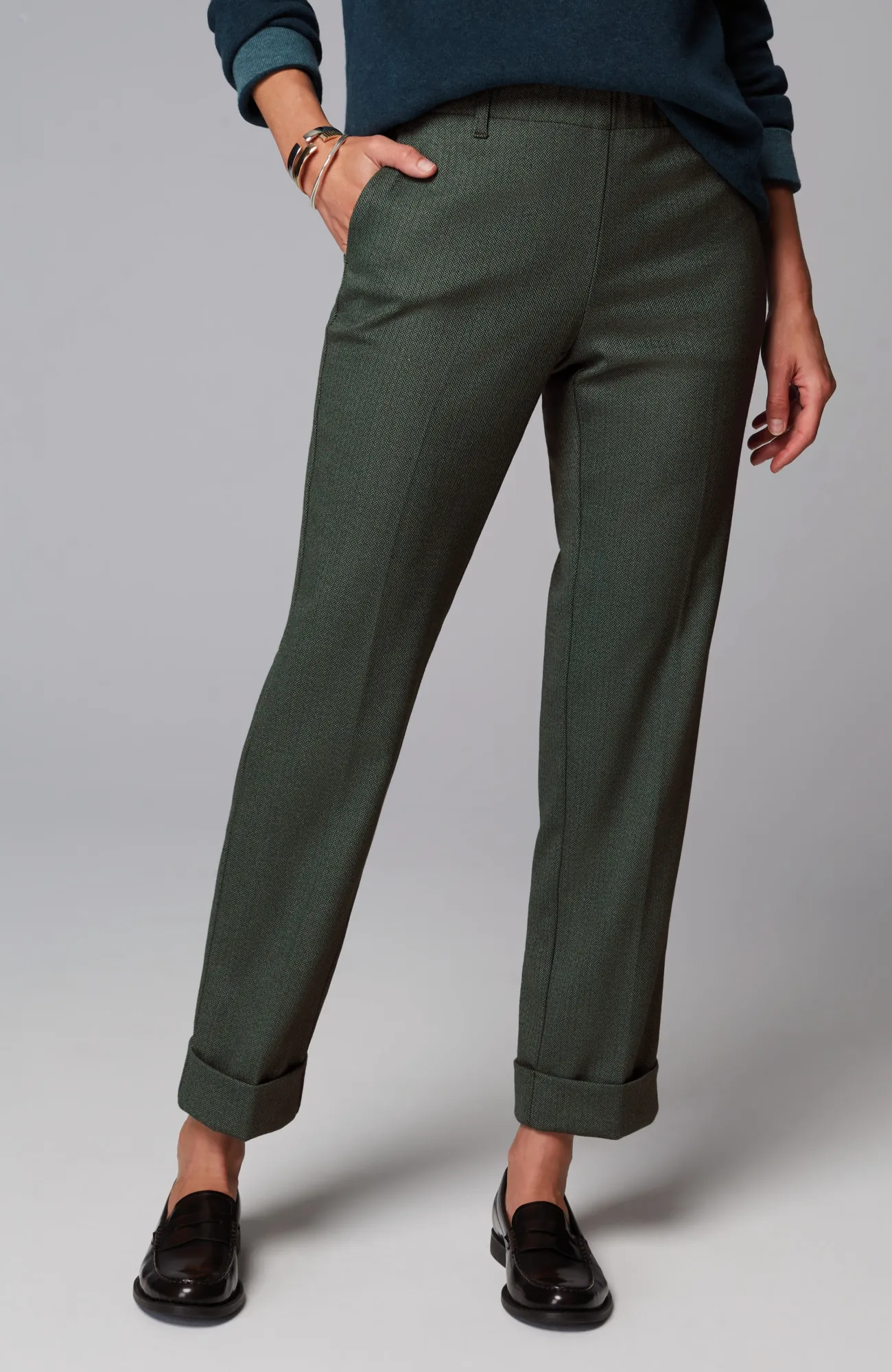 J.Jill Herringbone Cuffed Pull-On Pants Dark Teal Multi Cheap