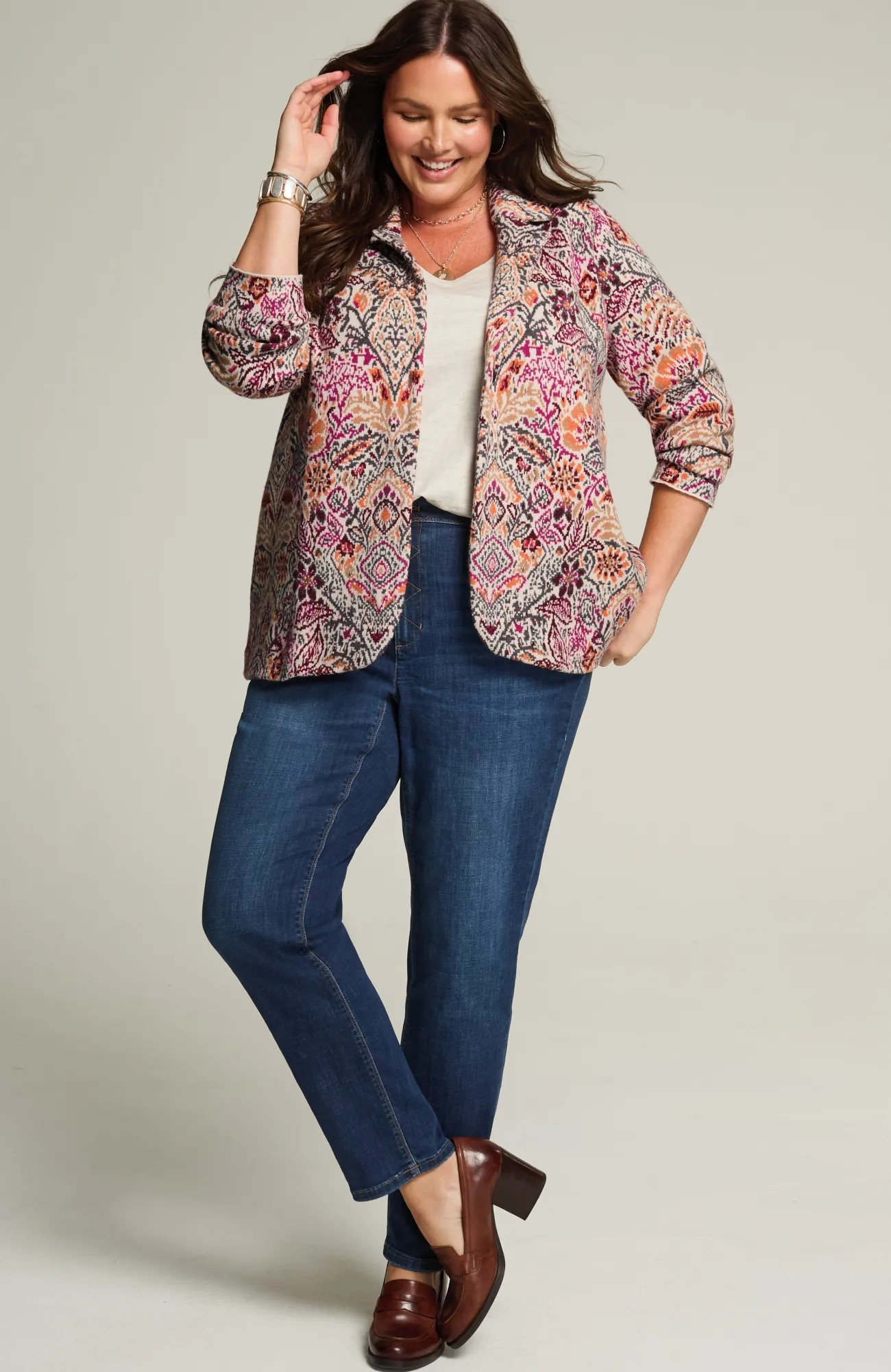J.Jill Jacquard Sweater Blazer Almond Latte Heather Multi Cheap