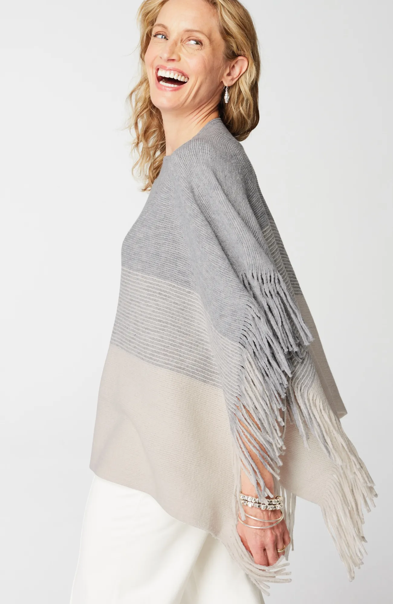 J.Jill Knit-Fringe Poncho Grey Heather/oatmeal Heather Best Sale