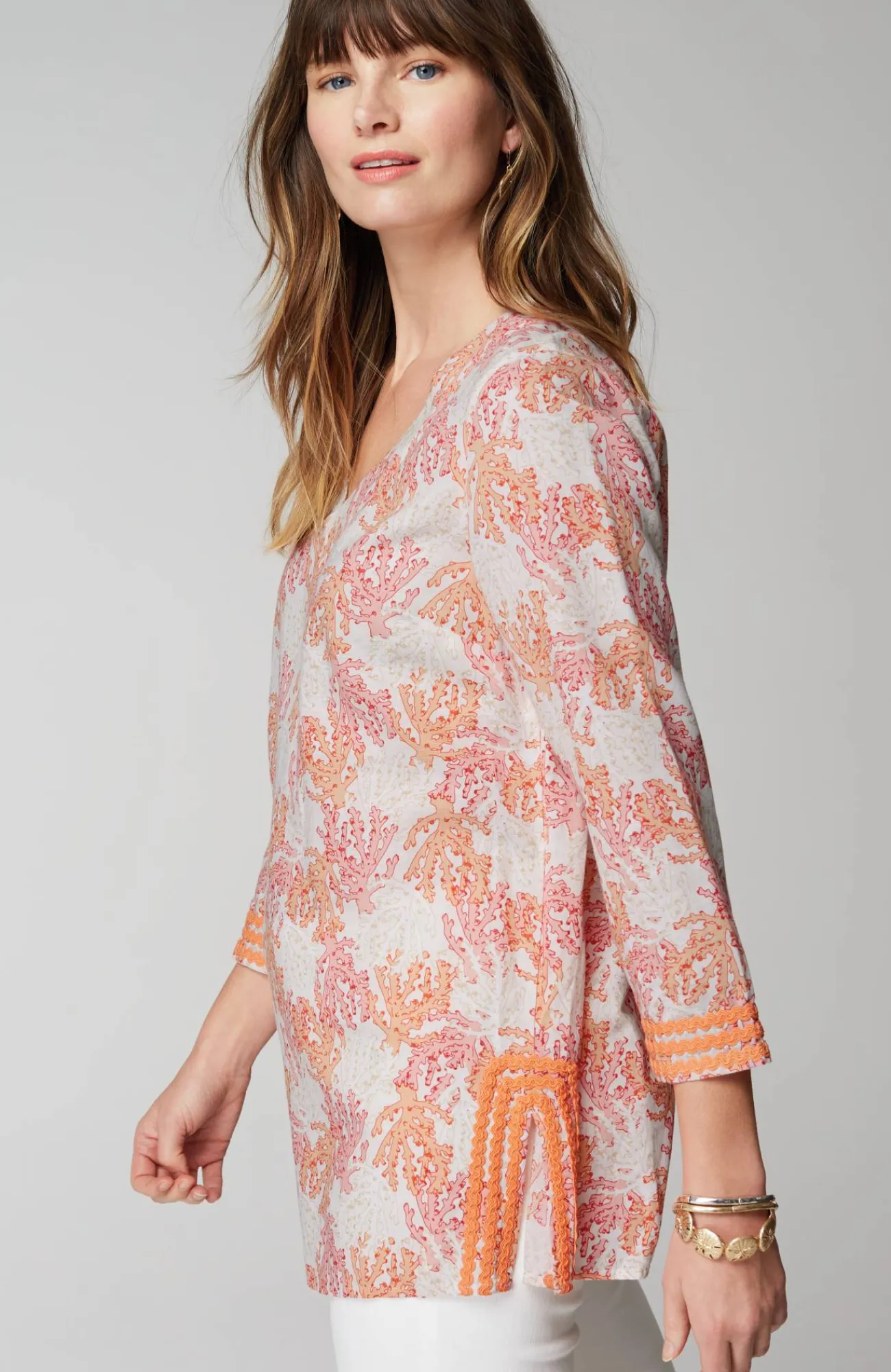 J.Jill Linen-Blend Coral-Reef Tunic Soft Oatmeal Charming Coral Shop