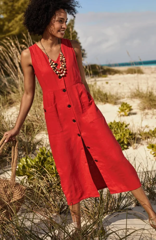 J.Jill Linen-Blend V-Neck Button-Front Dress Pomegranate Flash Sale