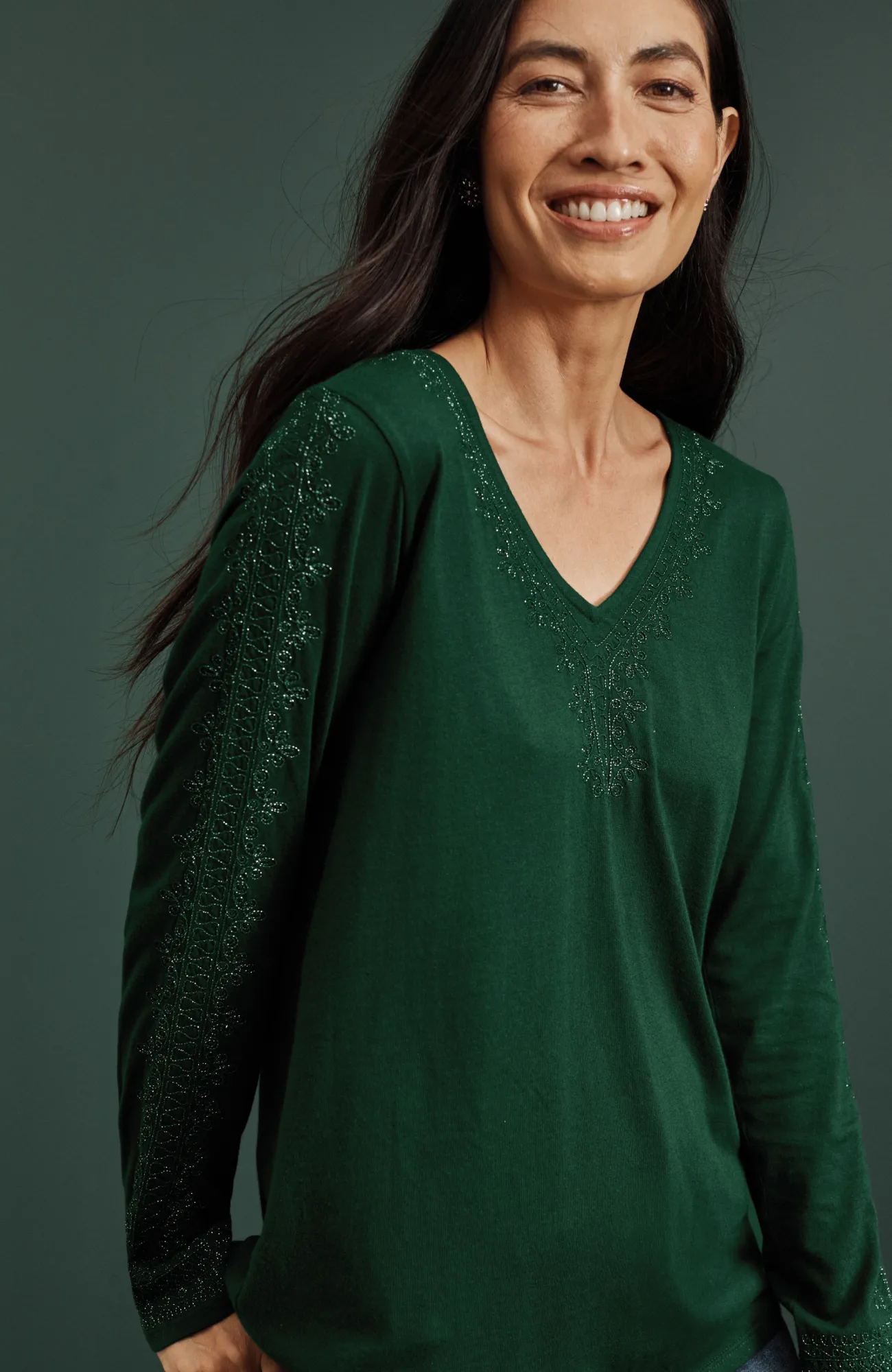 J.Jill Metallic-Embroidered V-Neck Top Scots Pine Best Sale