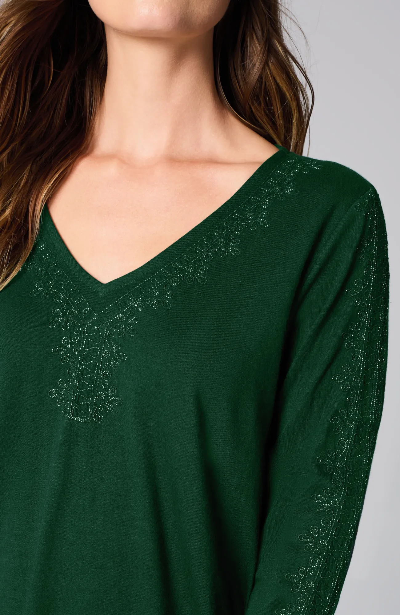 J.Jill Metallic-Embroidered V-Neck Top Scots Pine Best Sale