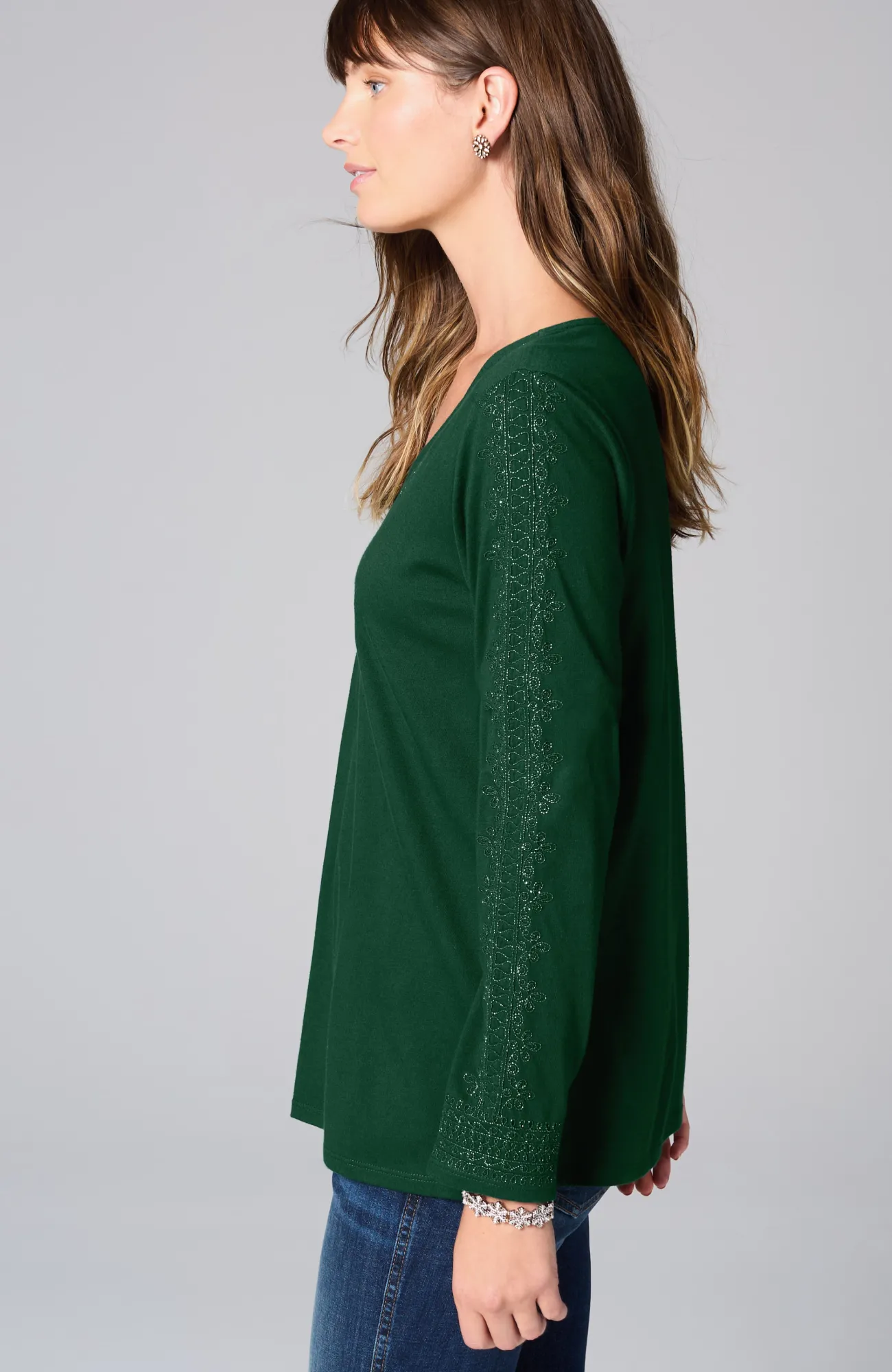 J.Jill Metallic-Embroidered V-Neck Top Scots Pine Best Sale