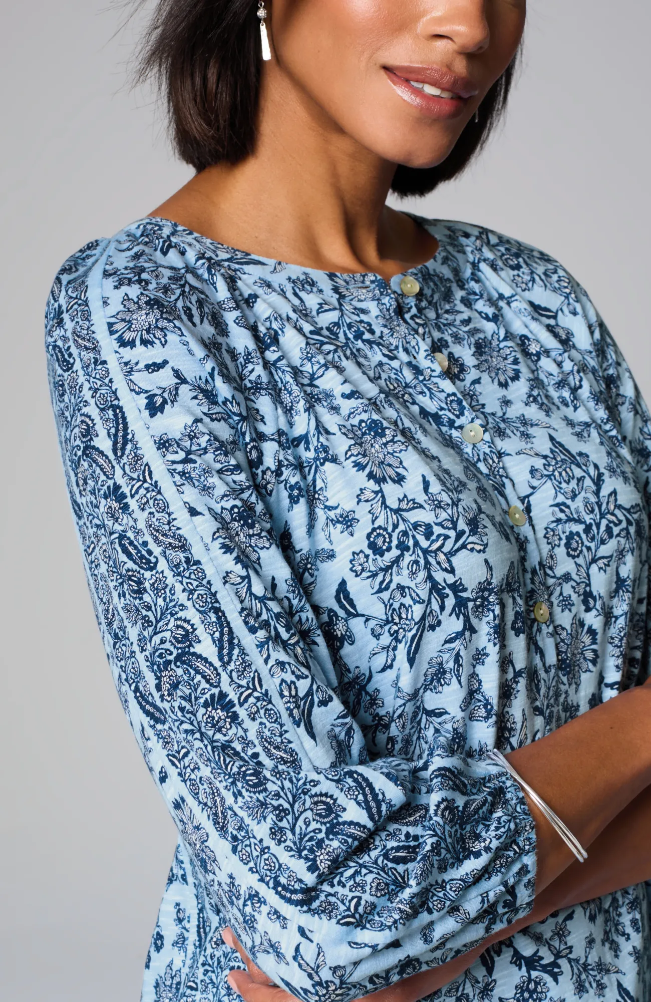J.Jill Mixed-Print Button-Front Top Blue Porcelain Boho Trellis Shop