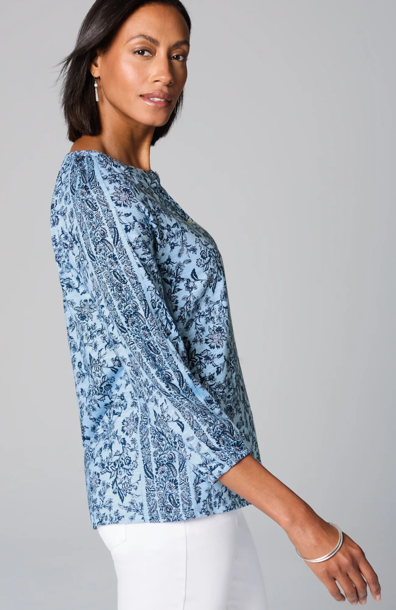 J.Jill Mixed-Print Button-Front Top Blue Porcelain Boho Trellis Shop