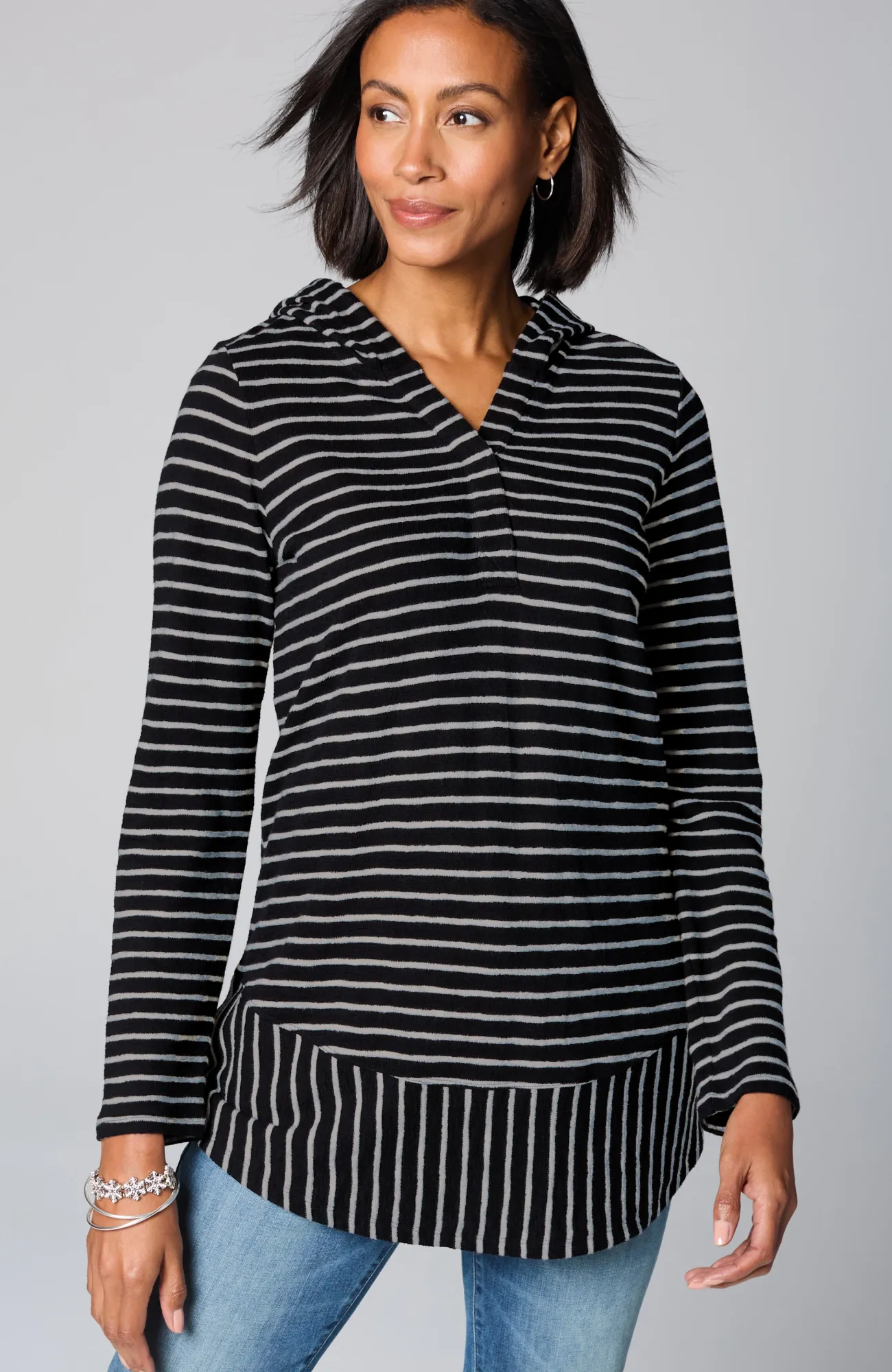 J.Jill Mixed-Stripes Hooded Tunic Black/oatmeal Heather Shop