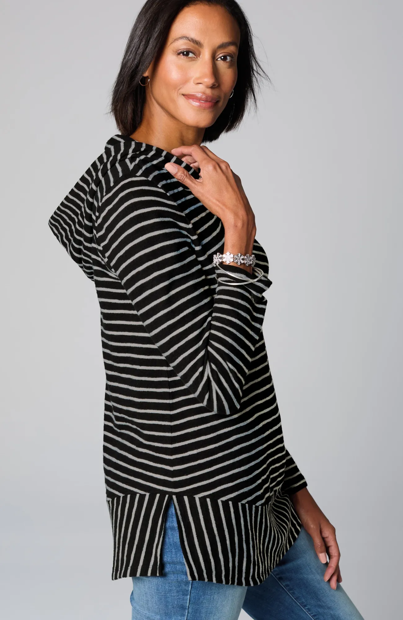J.Jill Mixed-Stripes Hooded Tunic Black/oatmeal Heather Shop