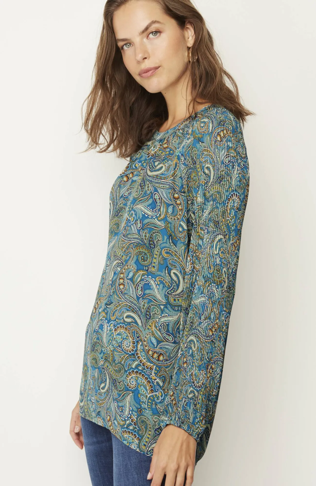 J.Jill Paisley Pleated-Sleeves Tunic Bright Teal Ornate Paisley Discount