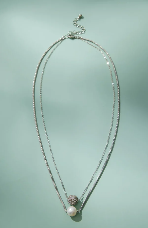 J.Jill Pearl & Pavé Drop Necklace Silvertone Multi New