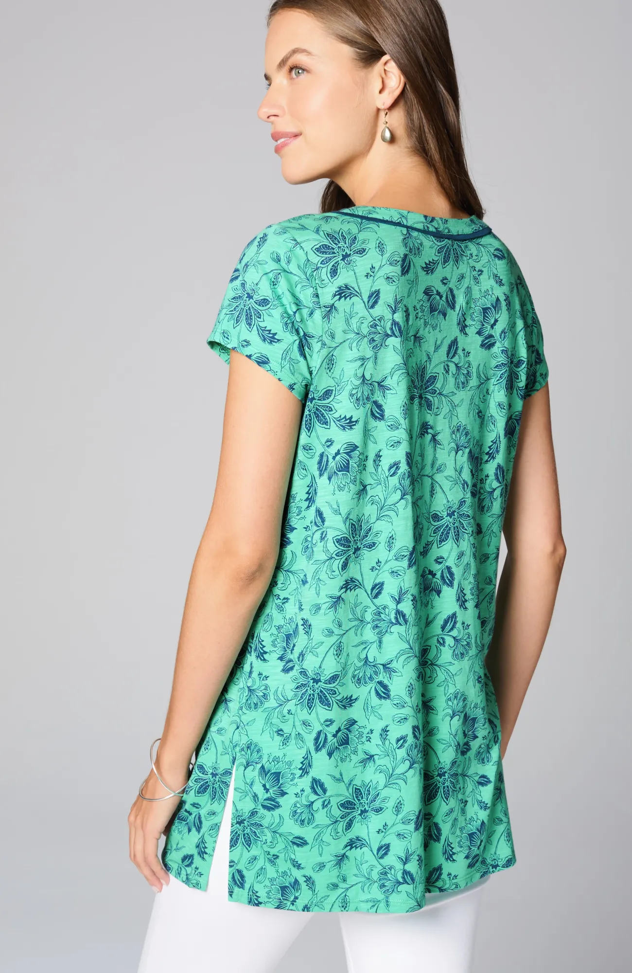 J.Jill Piped Tunic Fresh Mint Large Hand Drawn Jacobean Online