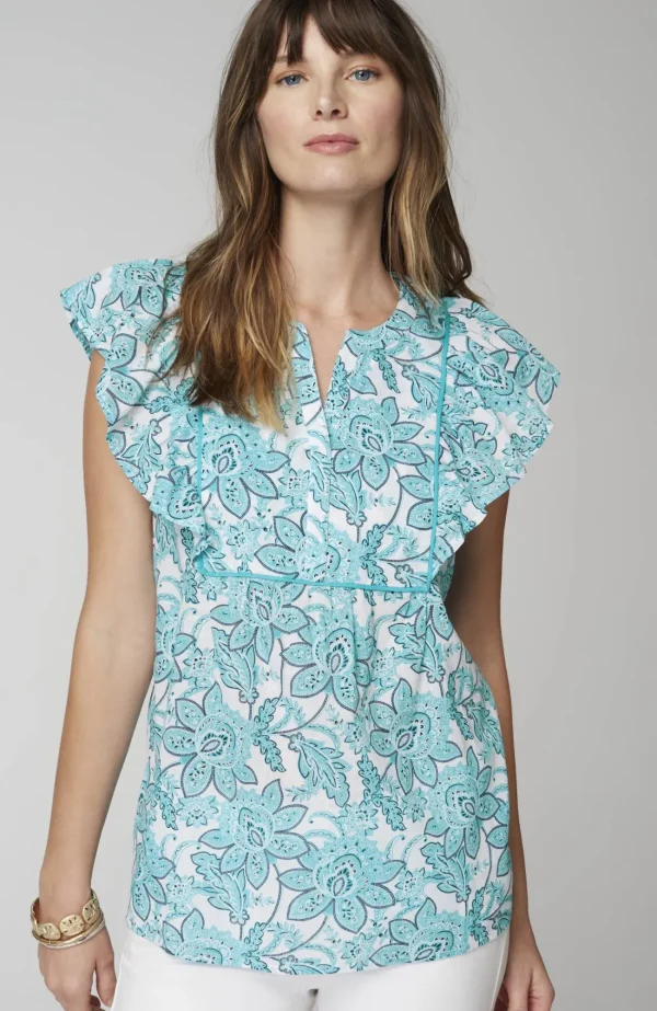 J.Jill Piping-Trim Ruffle-Sleeve Top Light Mediterranean Etched Sarassa Best